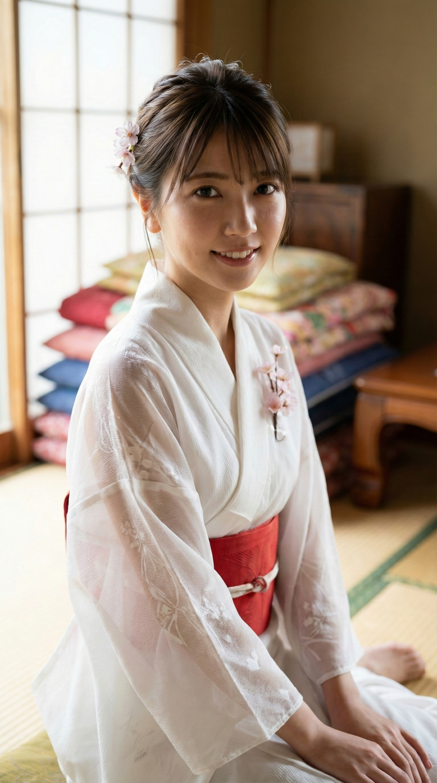 白い着物に桜の髪飾り、笑顔の女性