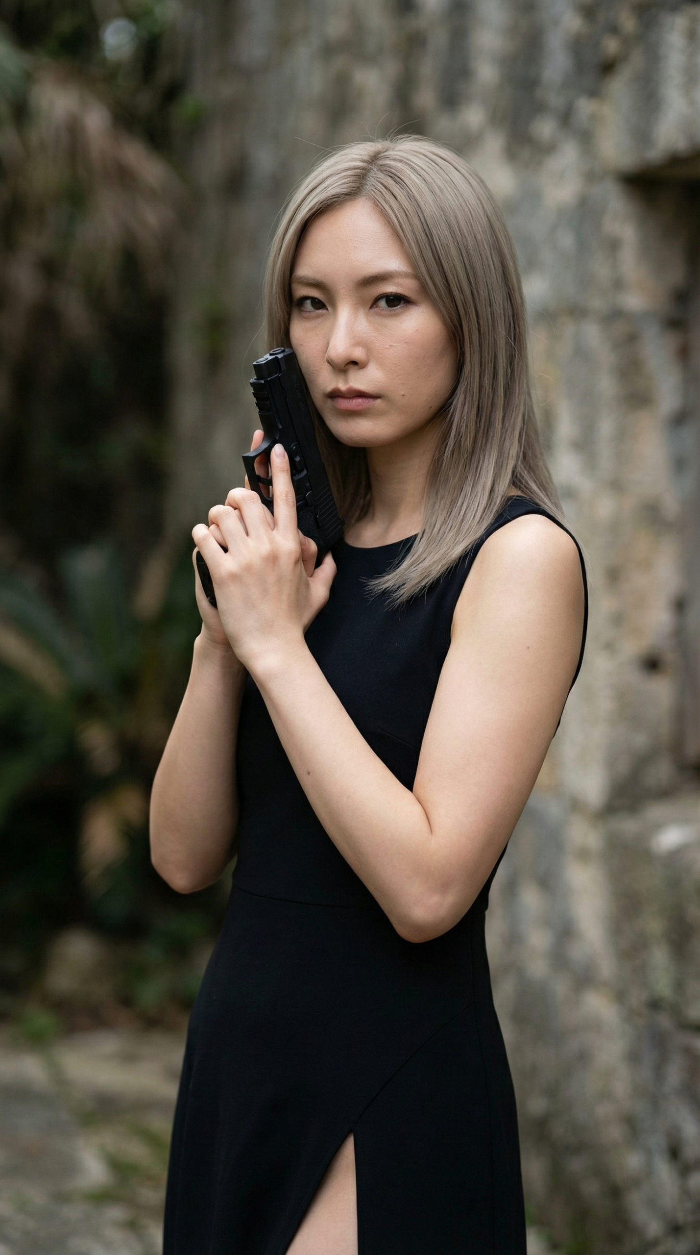 黒いドレスを着た女性が銃を構えている