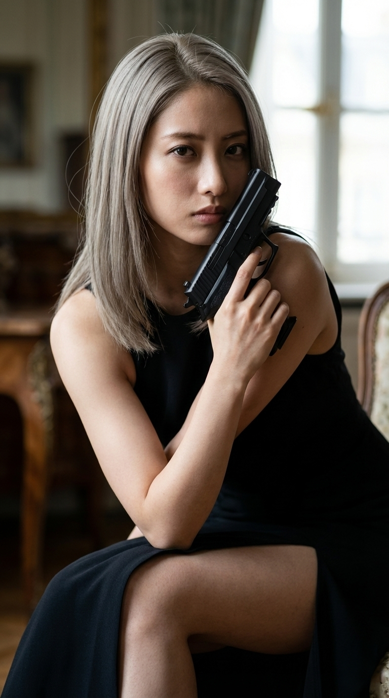 黒いドレスを着て銃を持つ女性