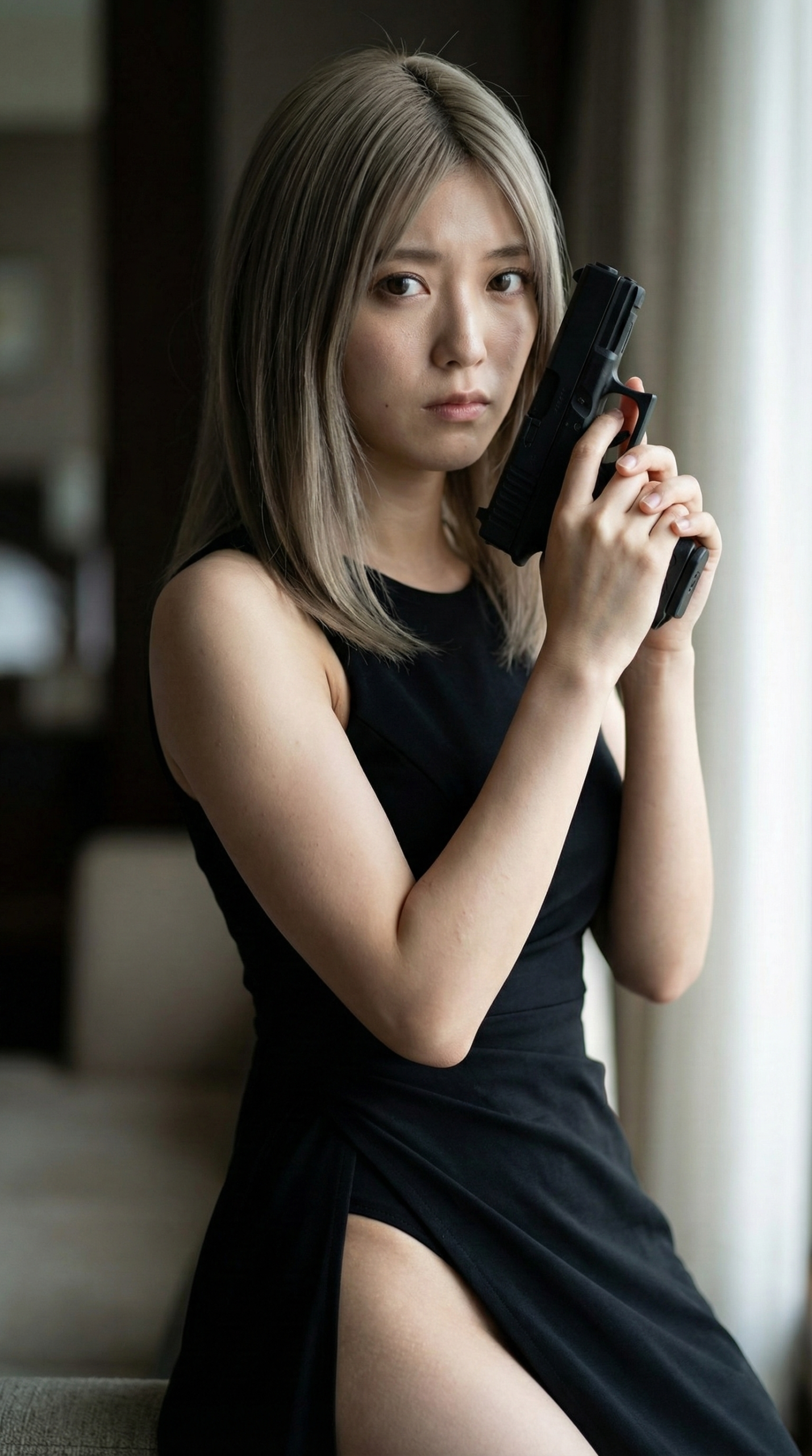 黒いドレスの女性が銃を構えている