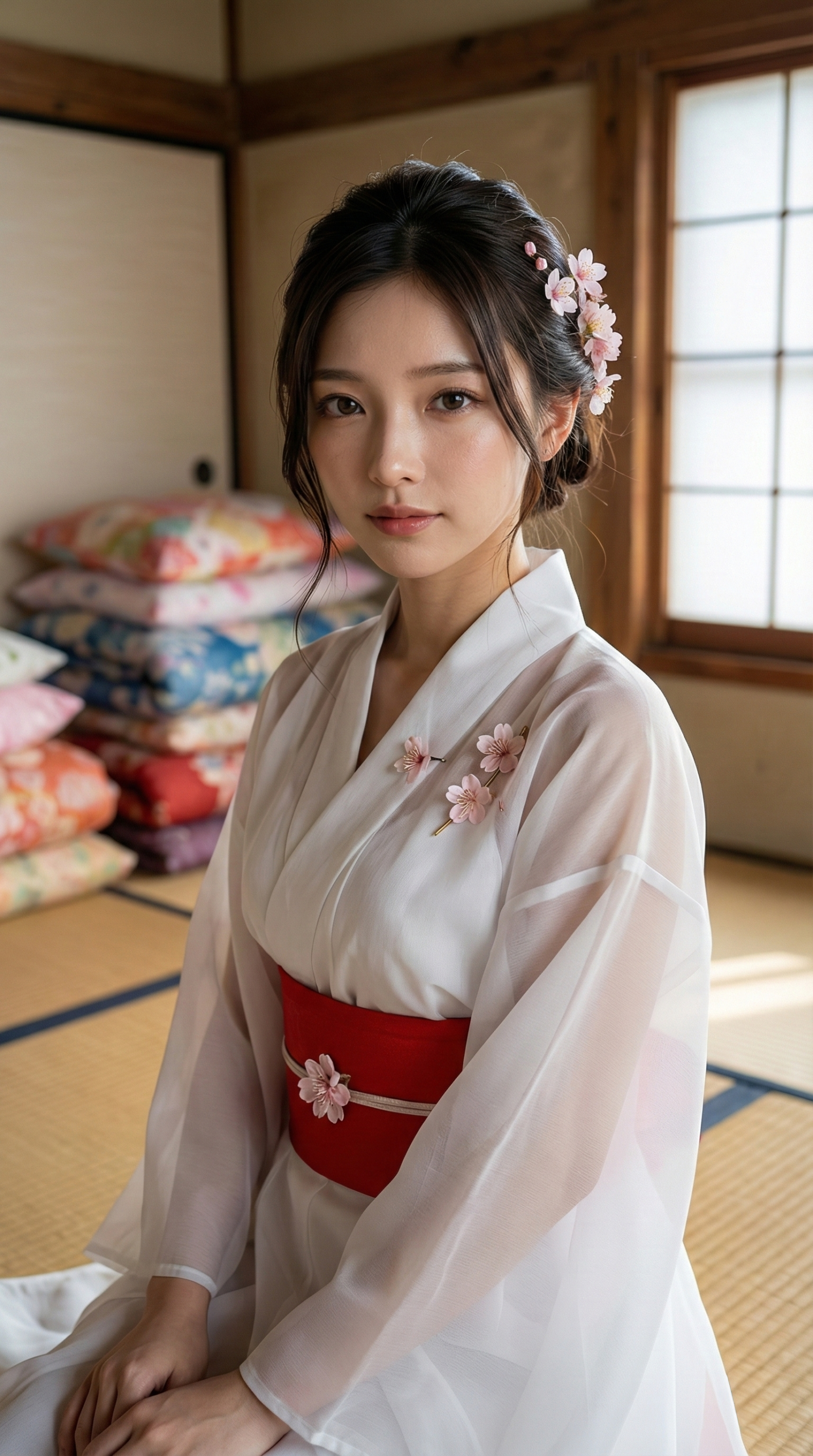 白い振袖に桜の髪飾りと帯飾り。