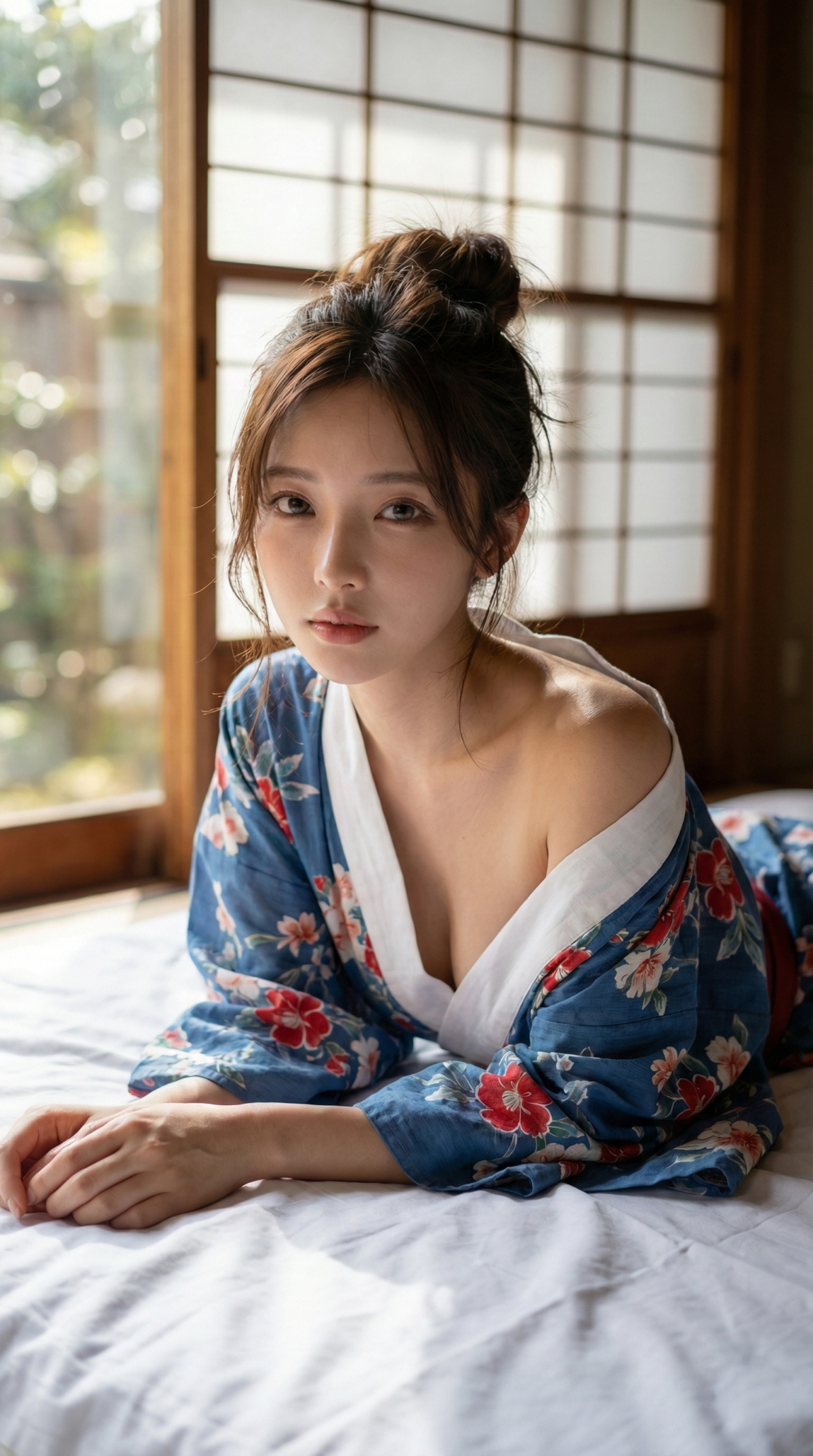 着物を着た女性が横たわっている