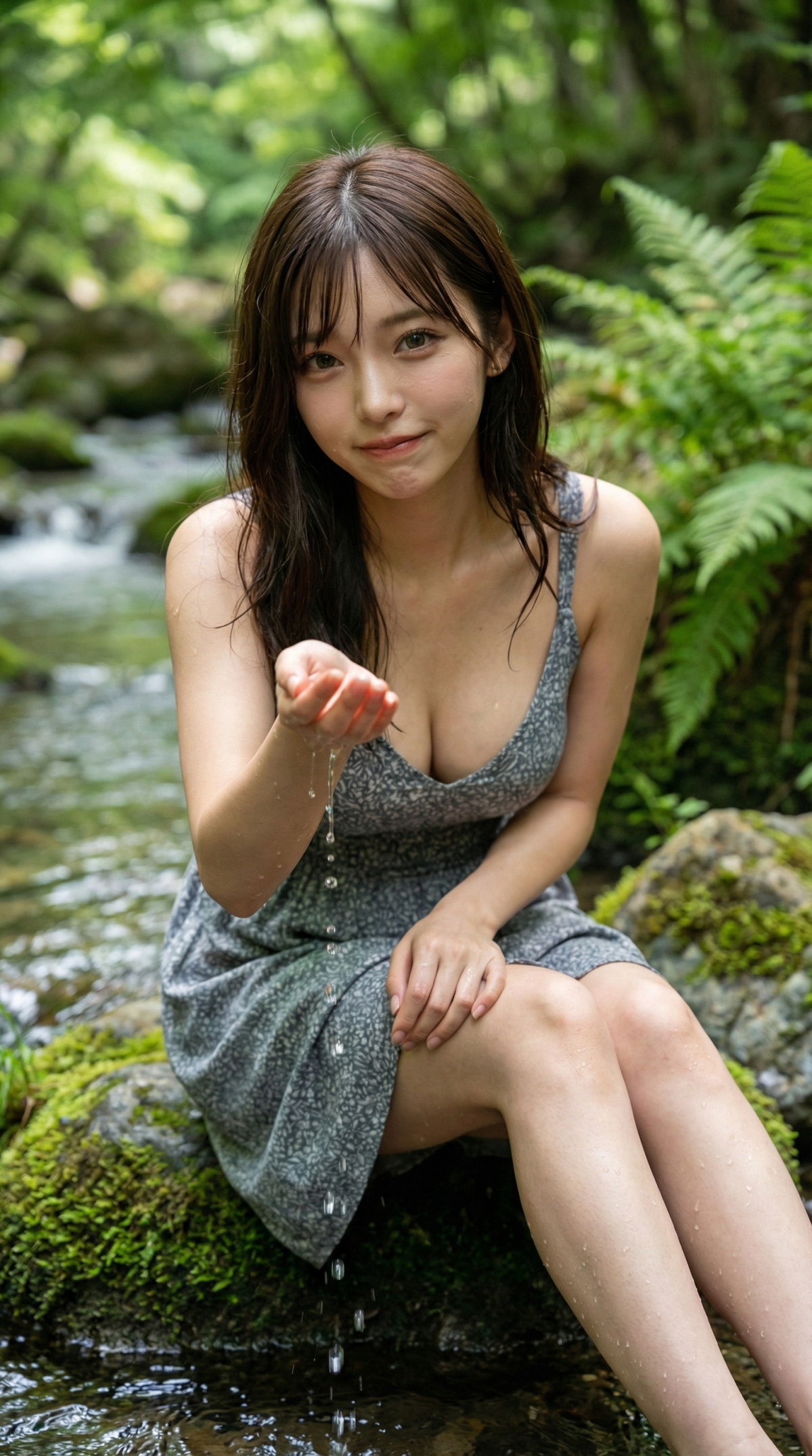 水辺で女性が水滴を手のひらに落としている。