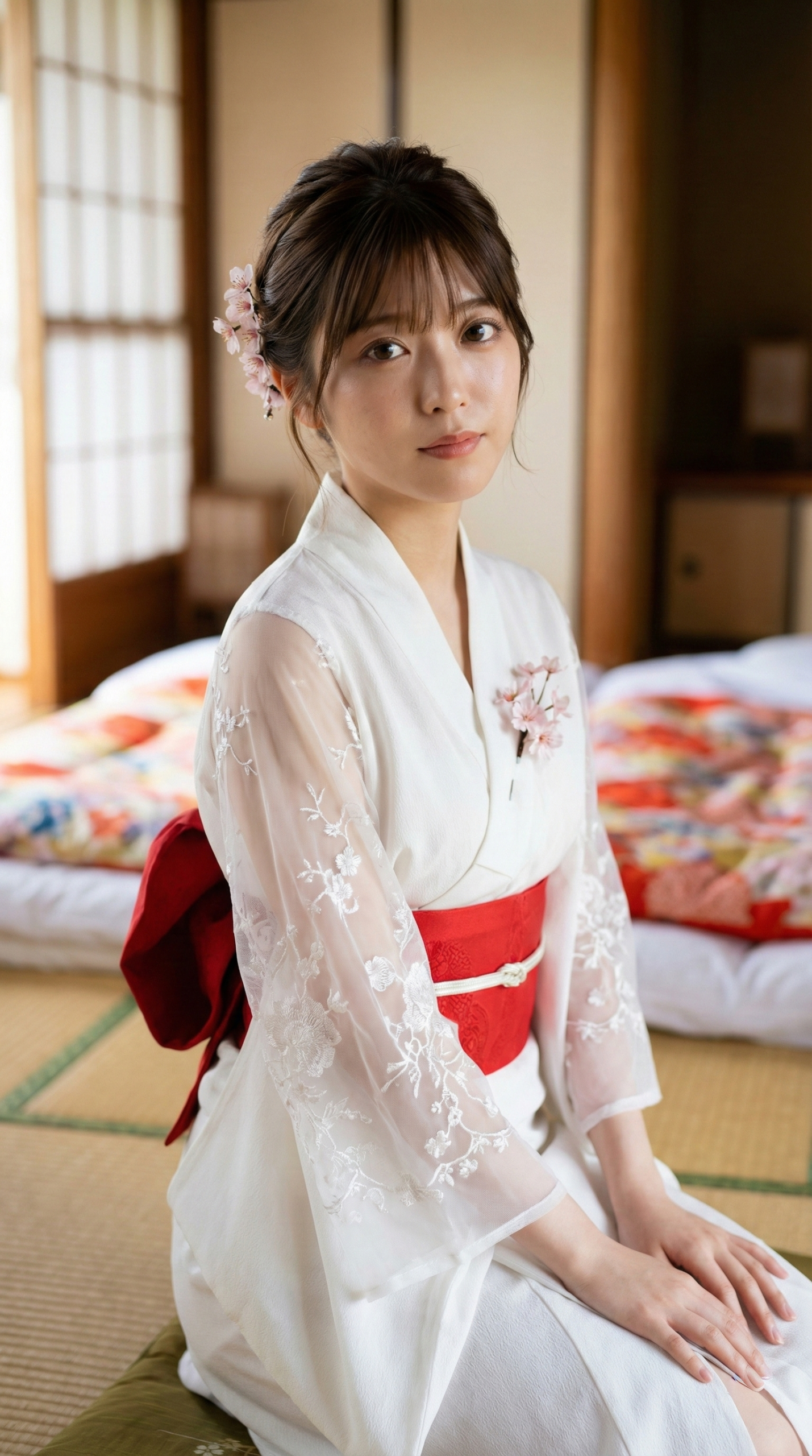 白い着物に桜の髪飾り、赤い帯の女性