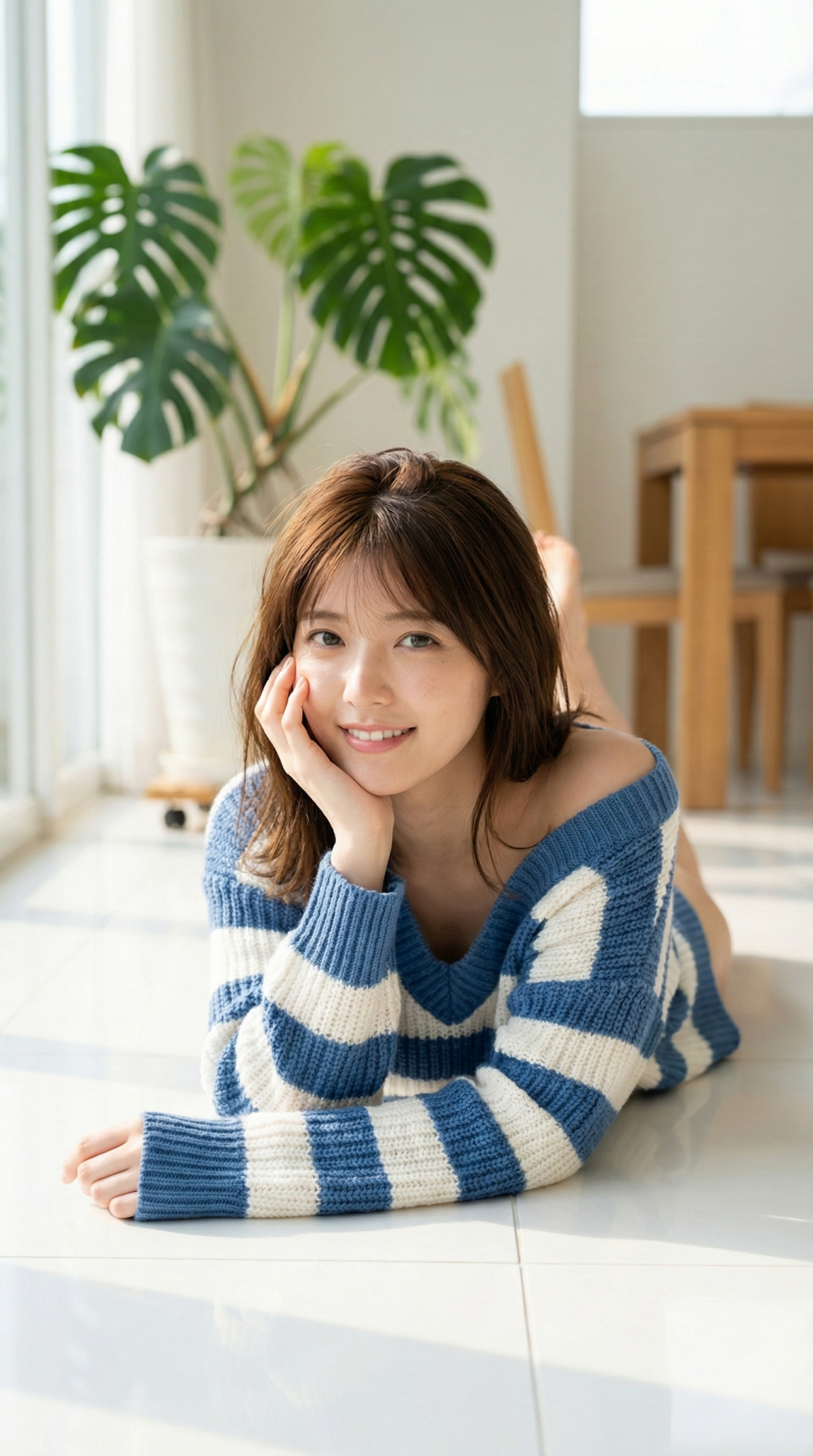 ボーダー柄のニットを着た女性が床に寝そべっている