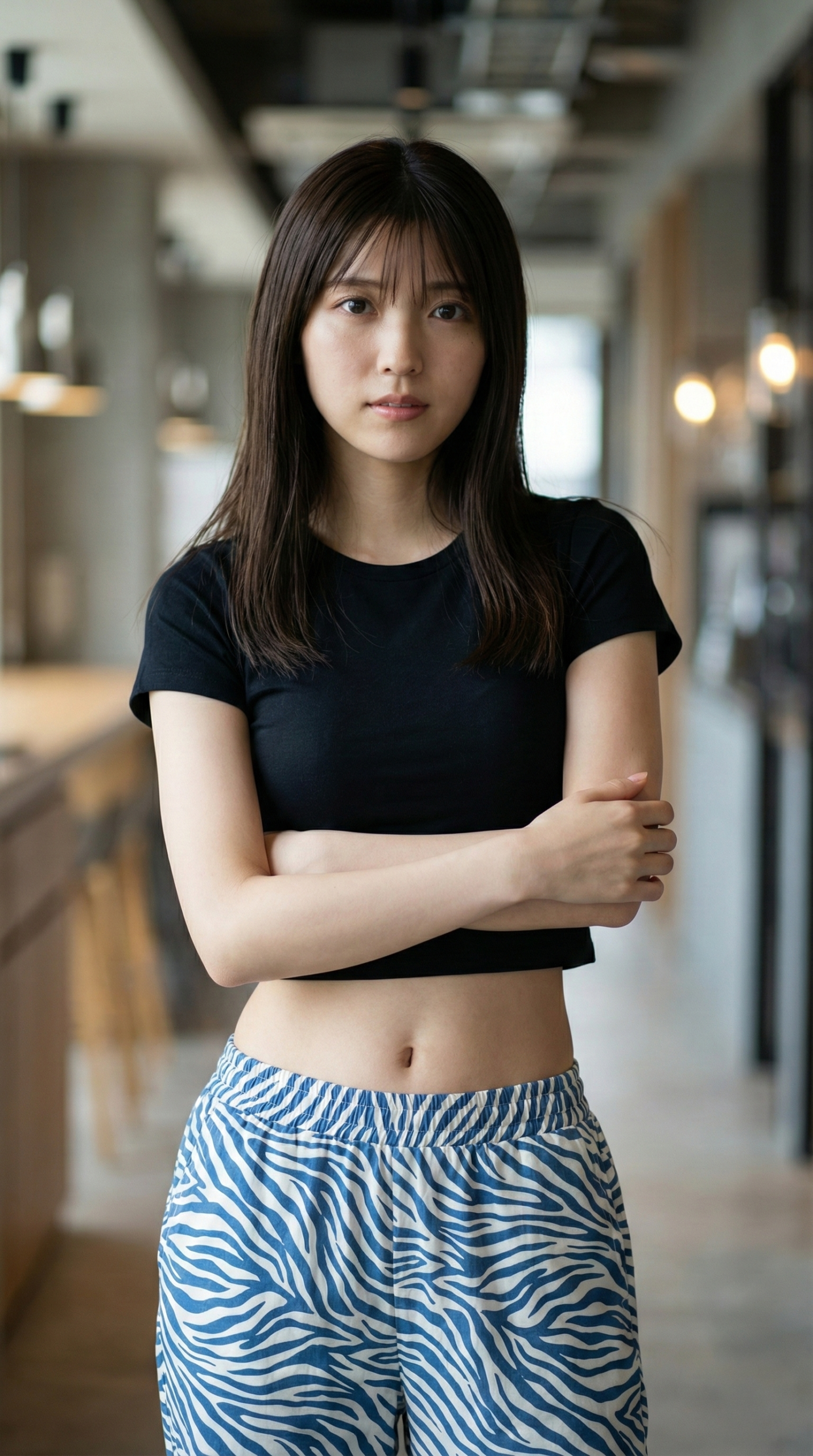 黒いクロップドTシャツとゼブラ柄パンツの女性