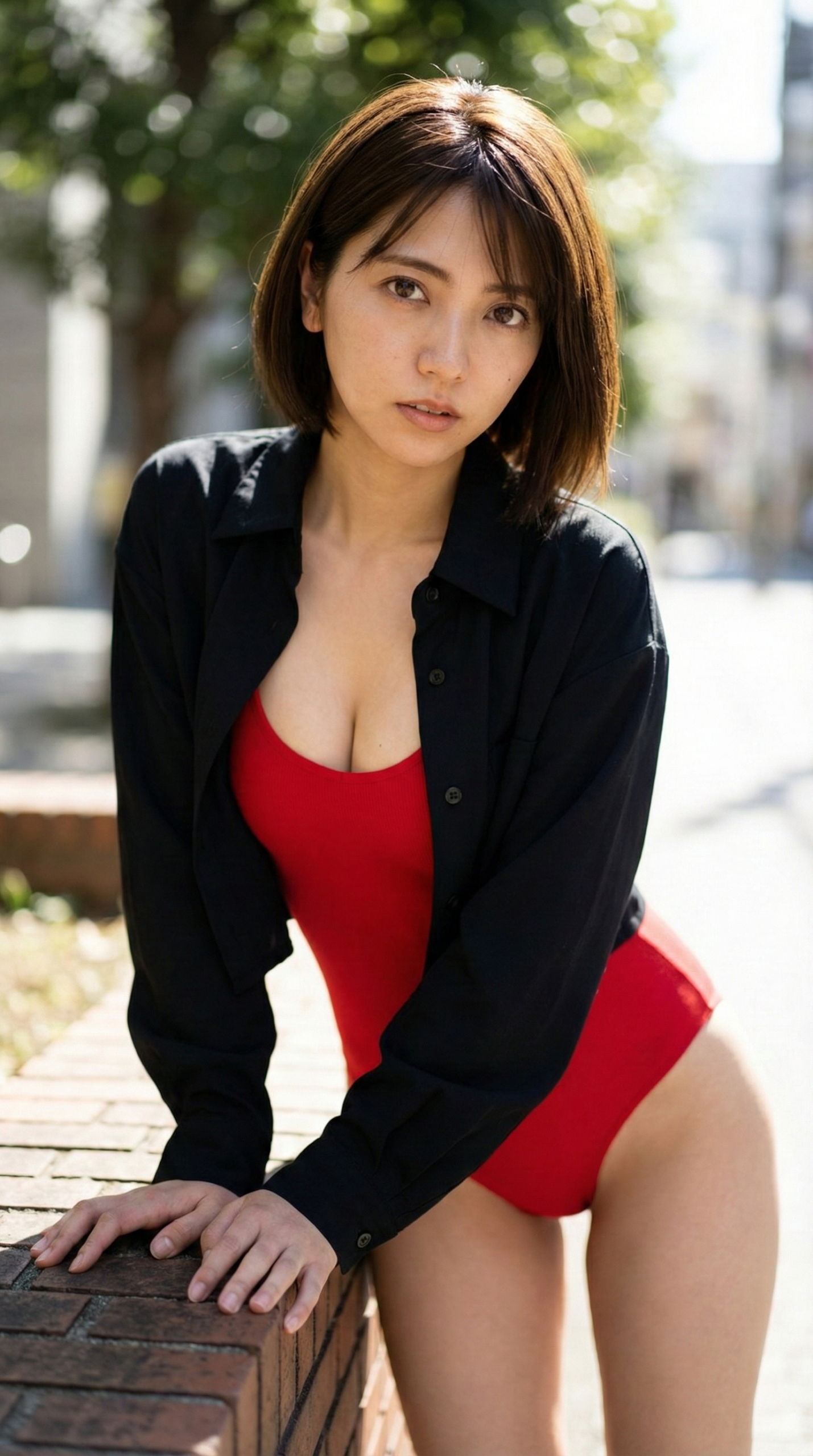 赤い水着と黒いシャツを着た女性