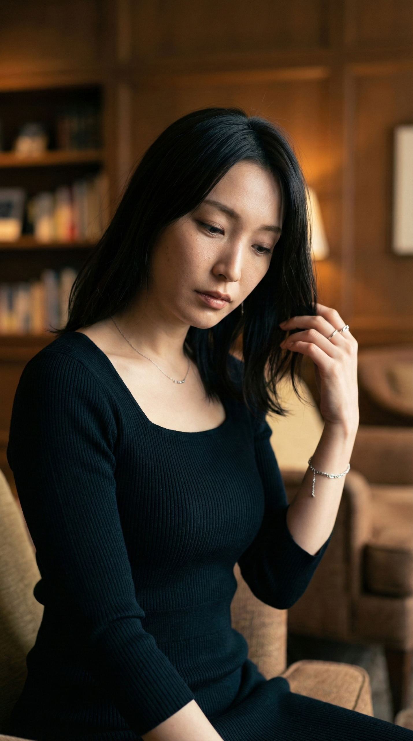 黒い服を着た女性が本棚を背景に座っている