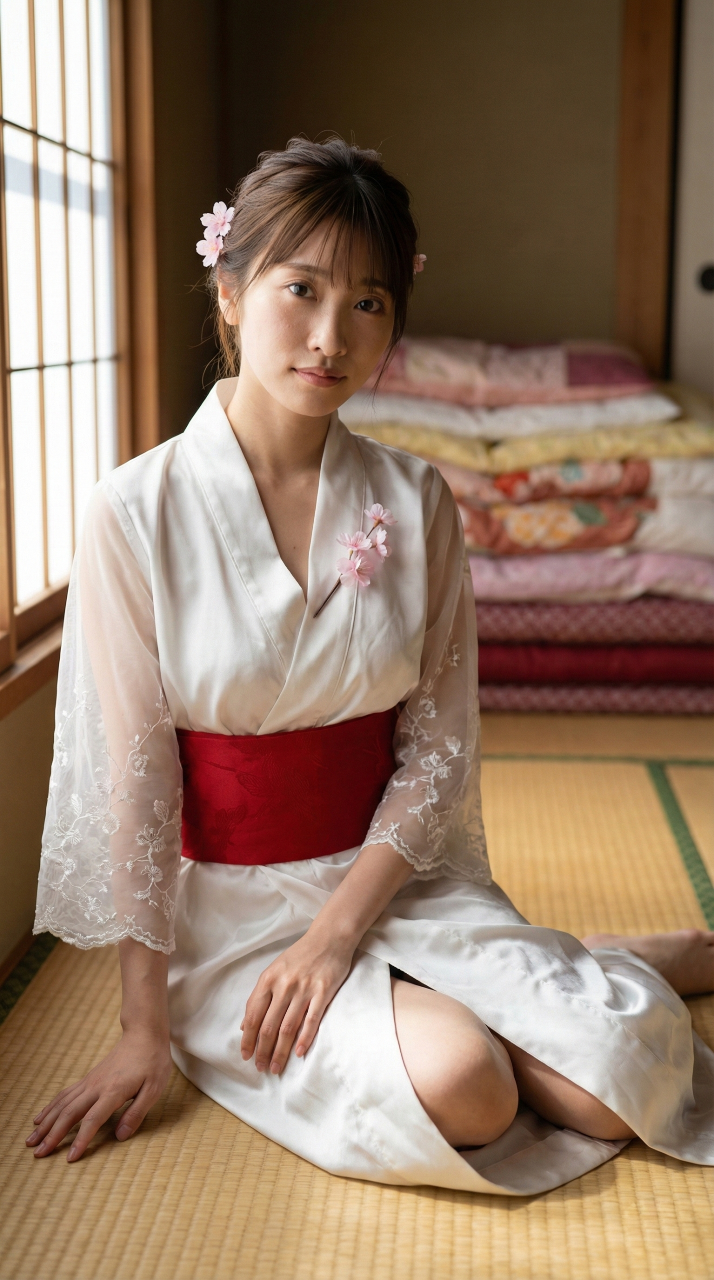 桜の髪飾り、赤い帯の白い浴衣姿の女性