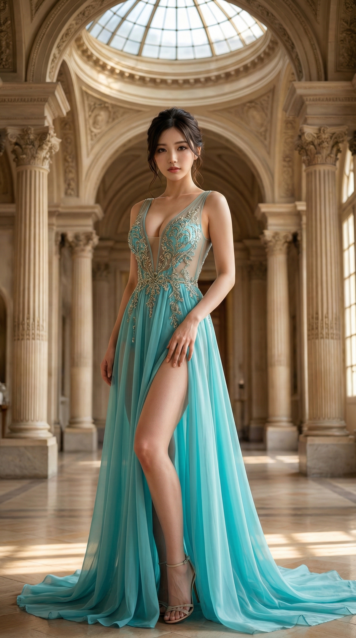 水色のシースルードレスを着た女性