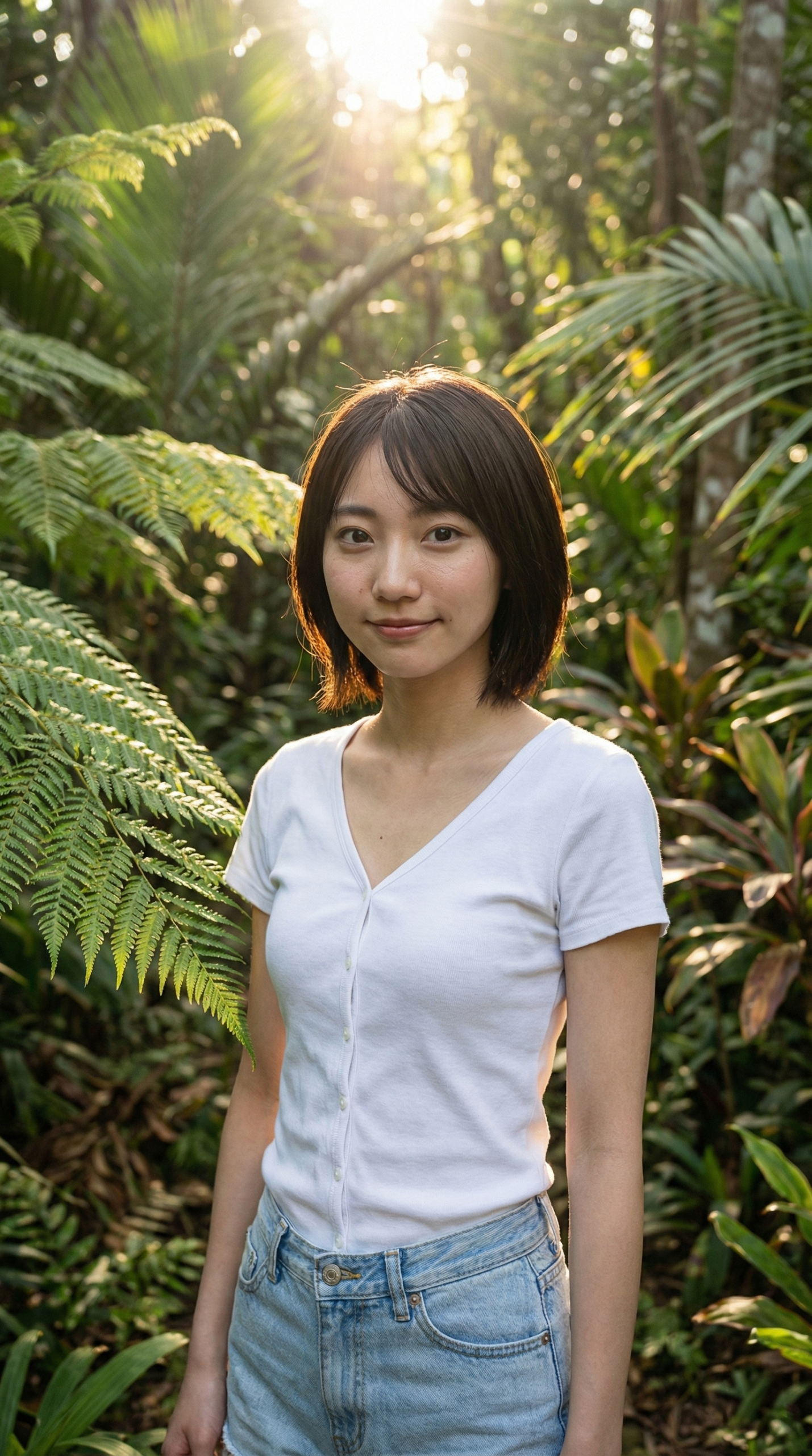 日差しを浴びる森の中の女性