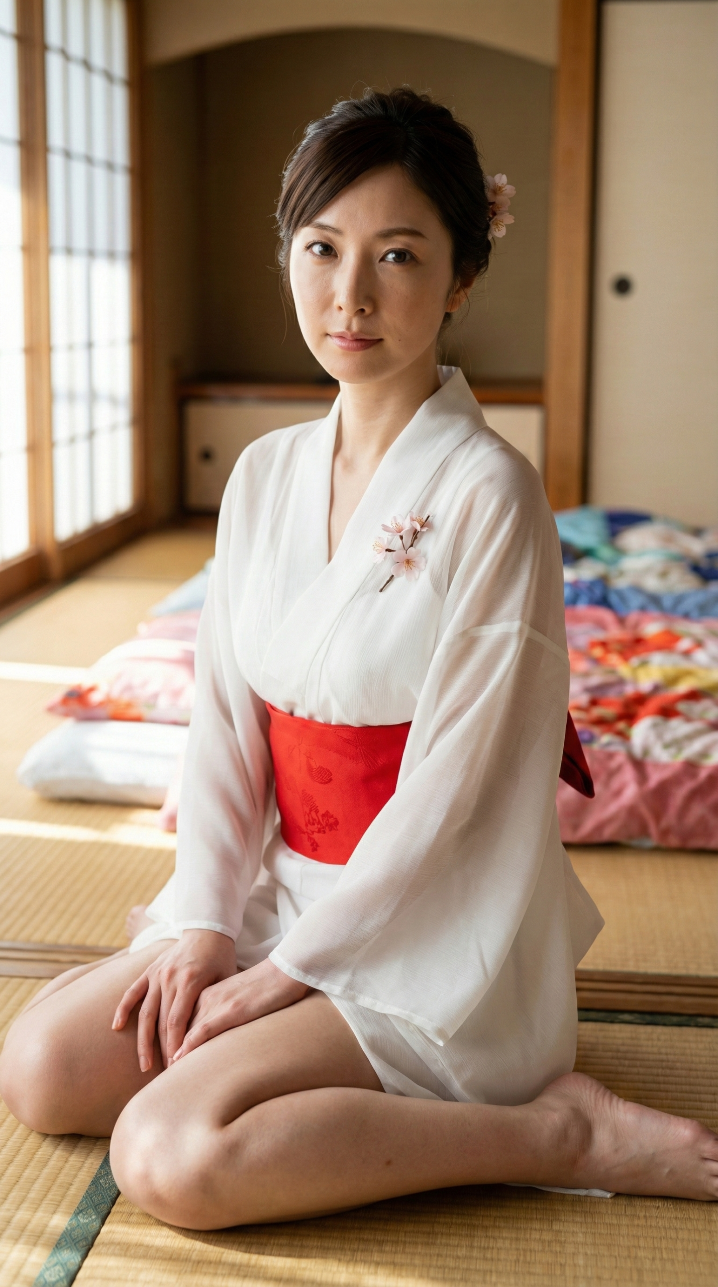 白い着物に赤い帯、桜の髪飾りの女性