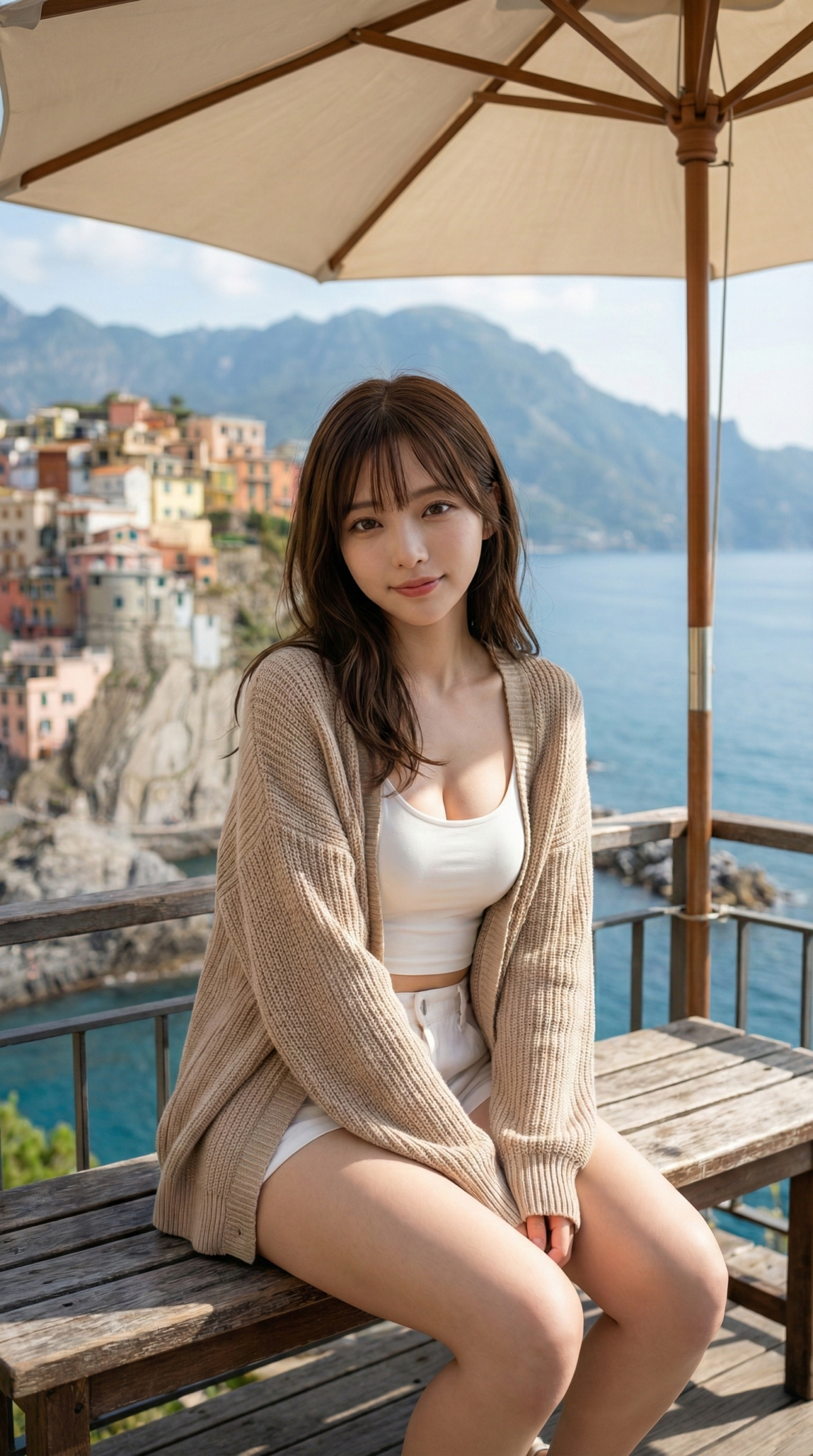 ニットカーディガン姿の女性とイタリアのチンクエテッレ