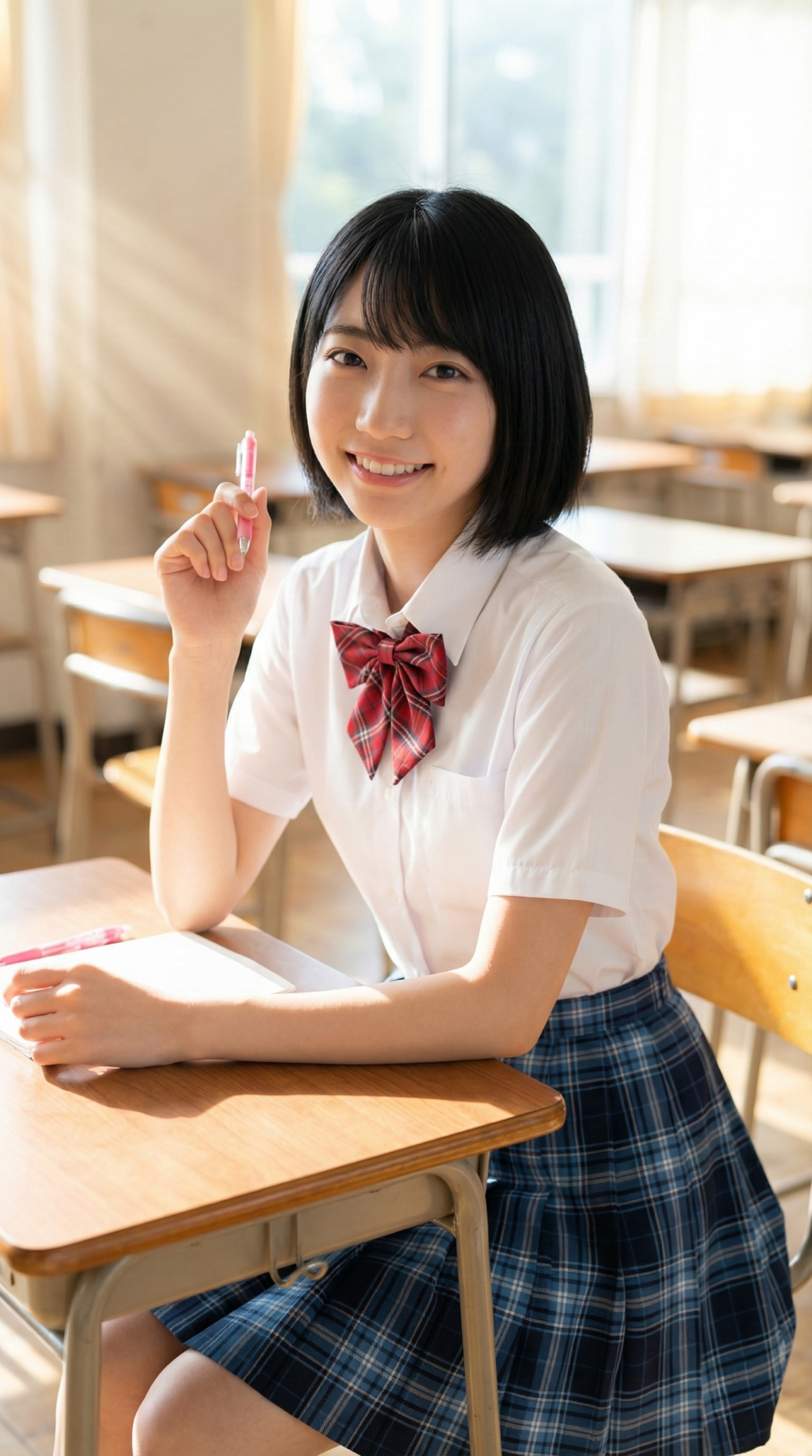 笑顔でペンを持つ女子学生