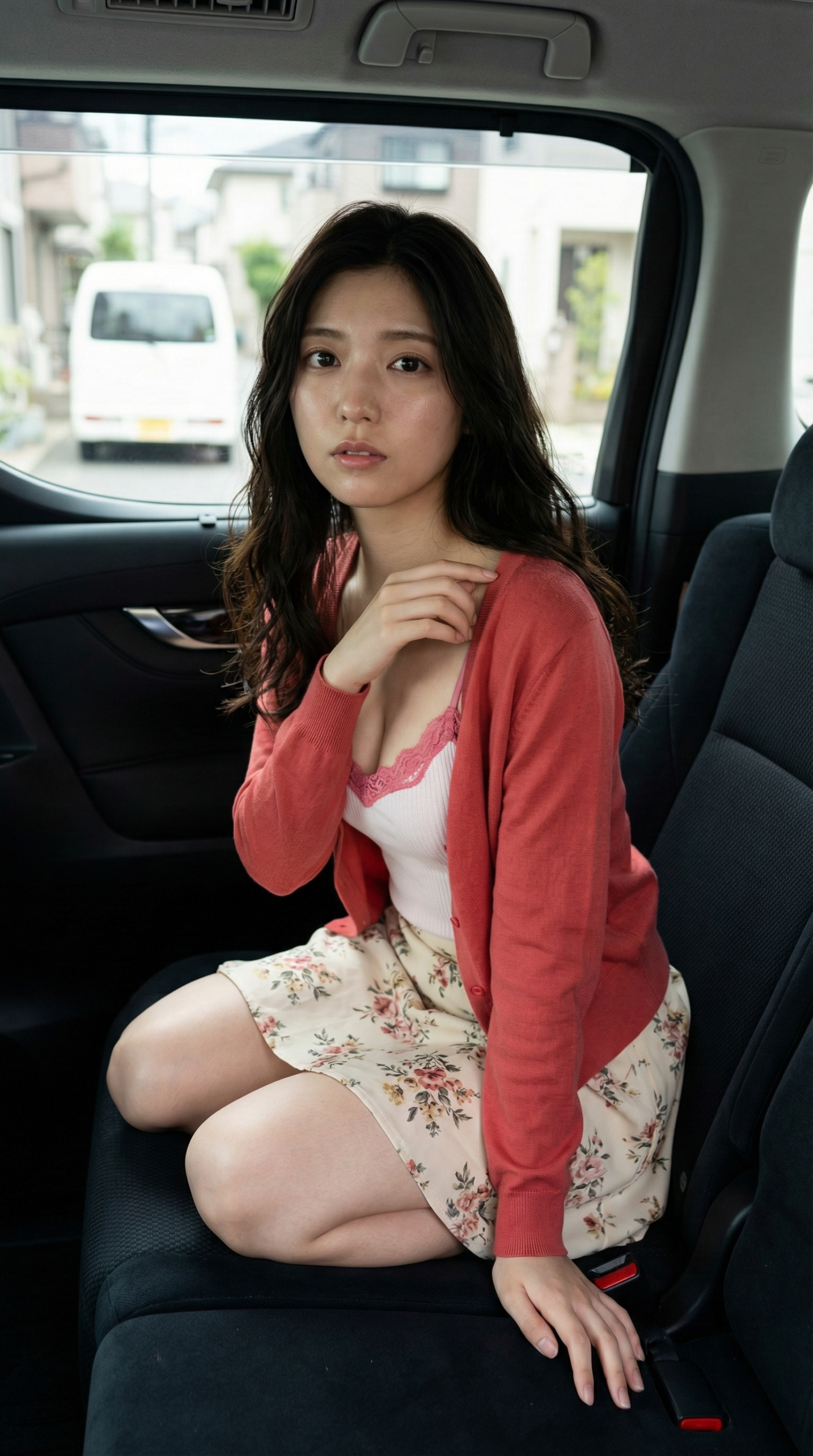 車内で座る女性、花柄のスカートを着用