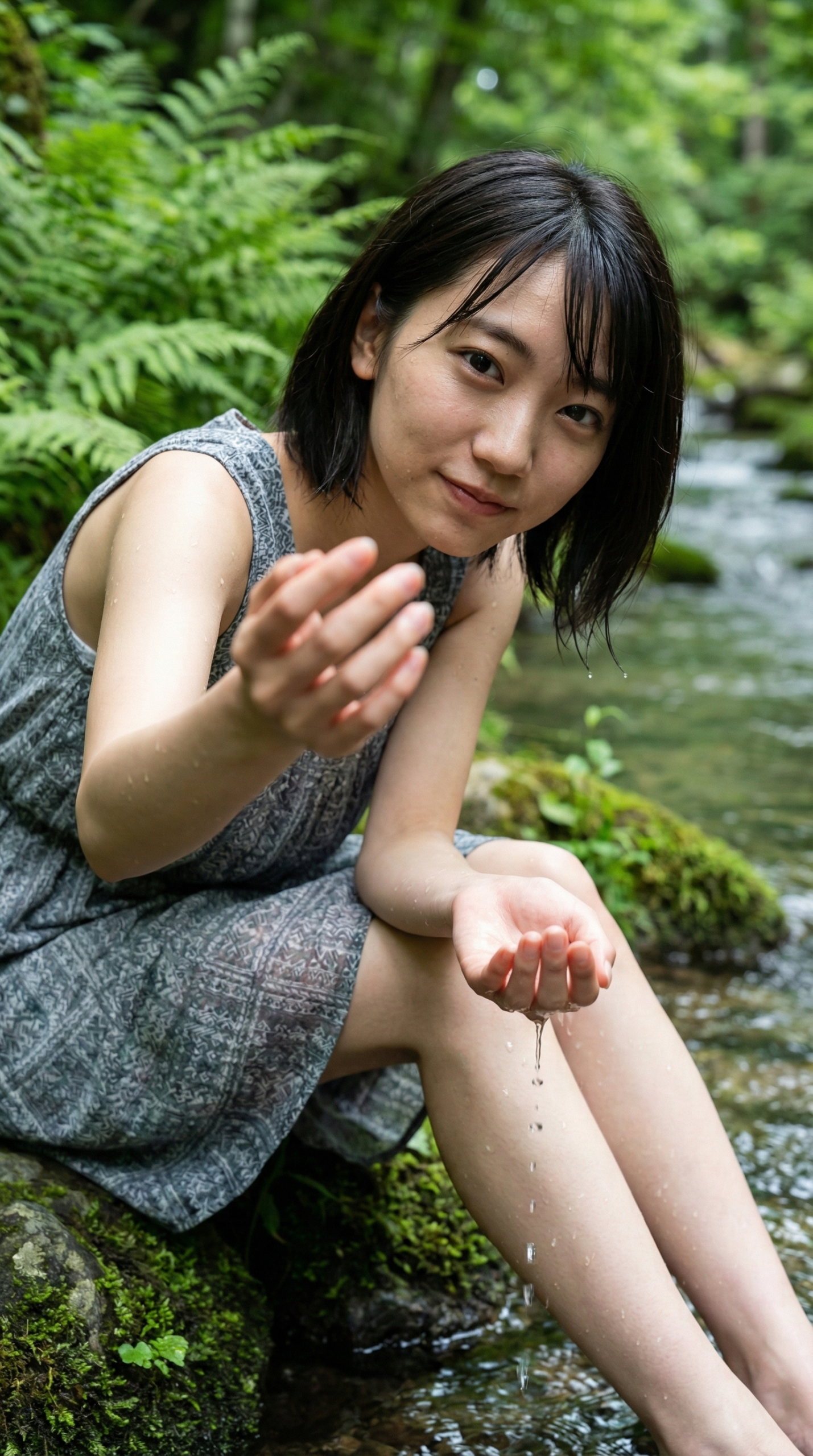 川辺で水に触れる女性、水滴が腕に光る