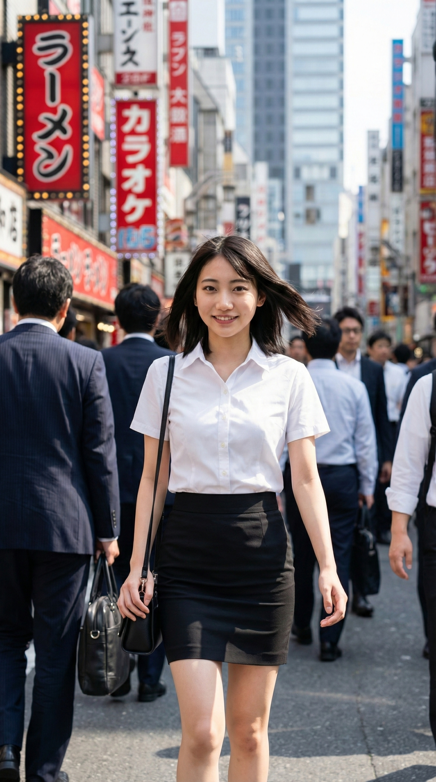 笑顔の若い女性が、賑やかな街を歩く。