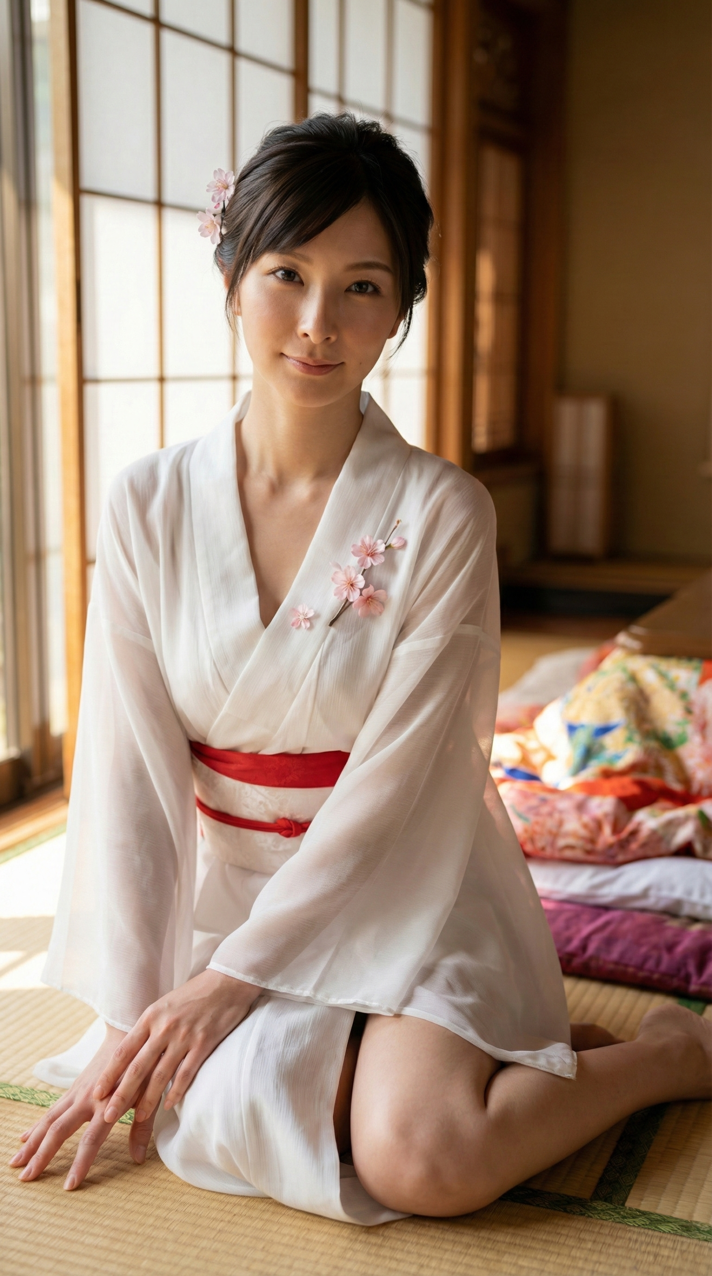 着物姿の女性が部屋でくつろいでいる。