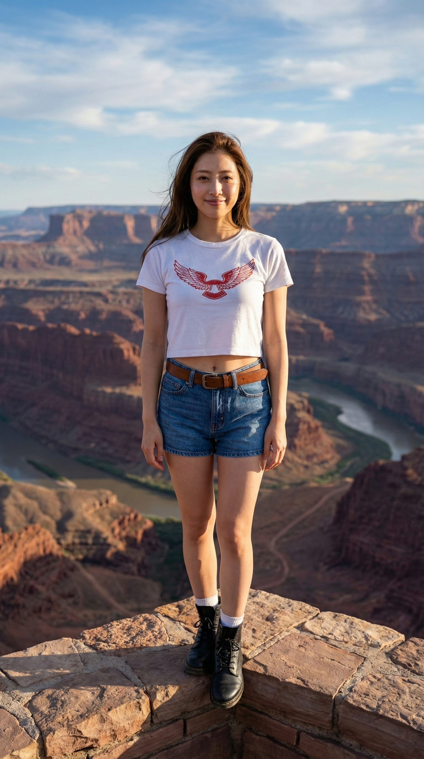 岩壁に立つ女性、赤鷲のTシャツとデニムショートパンツ