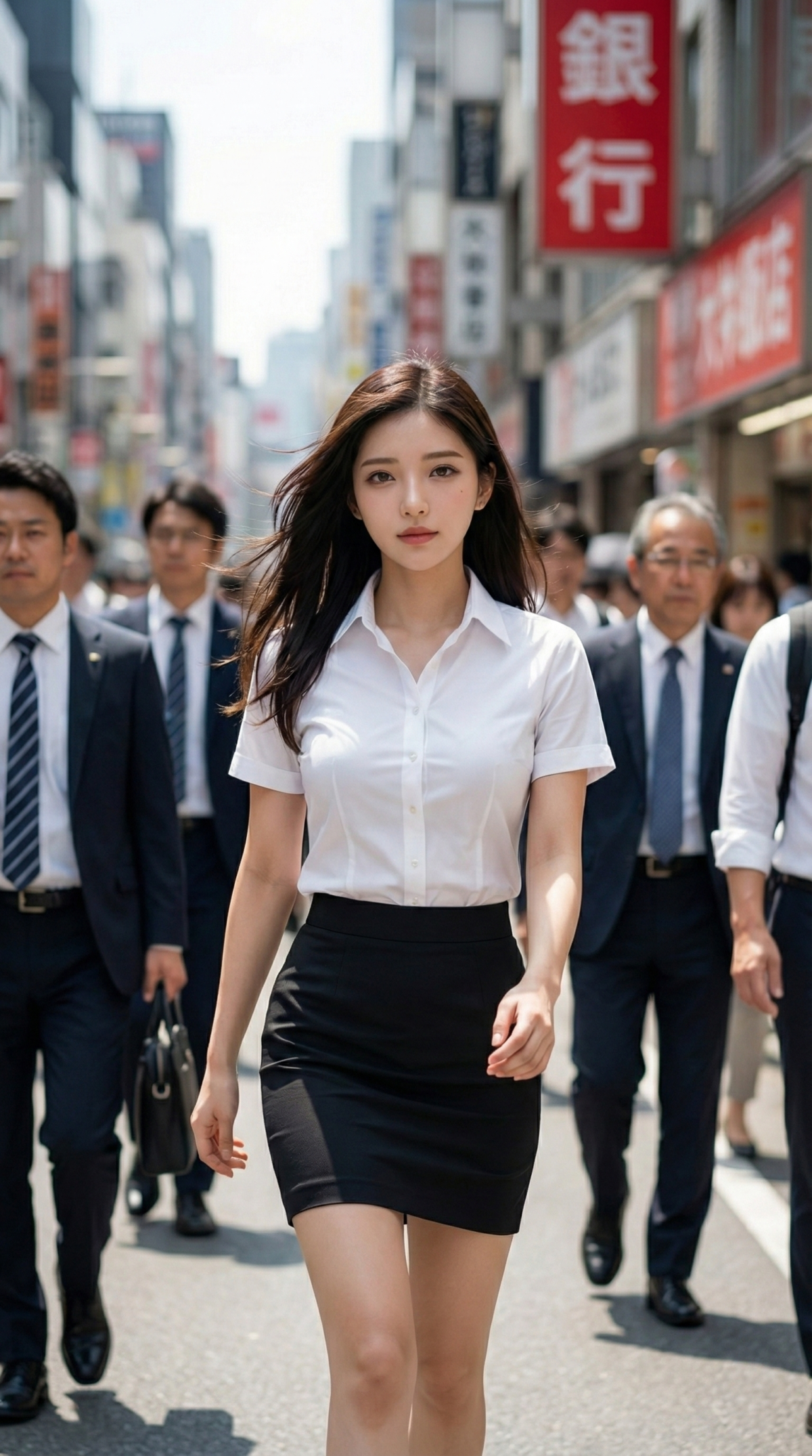 白いシャツと黒いスカートの女性が歩く。