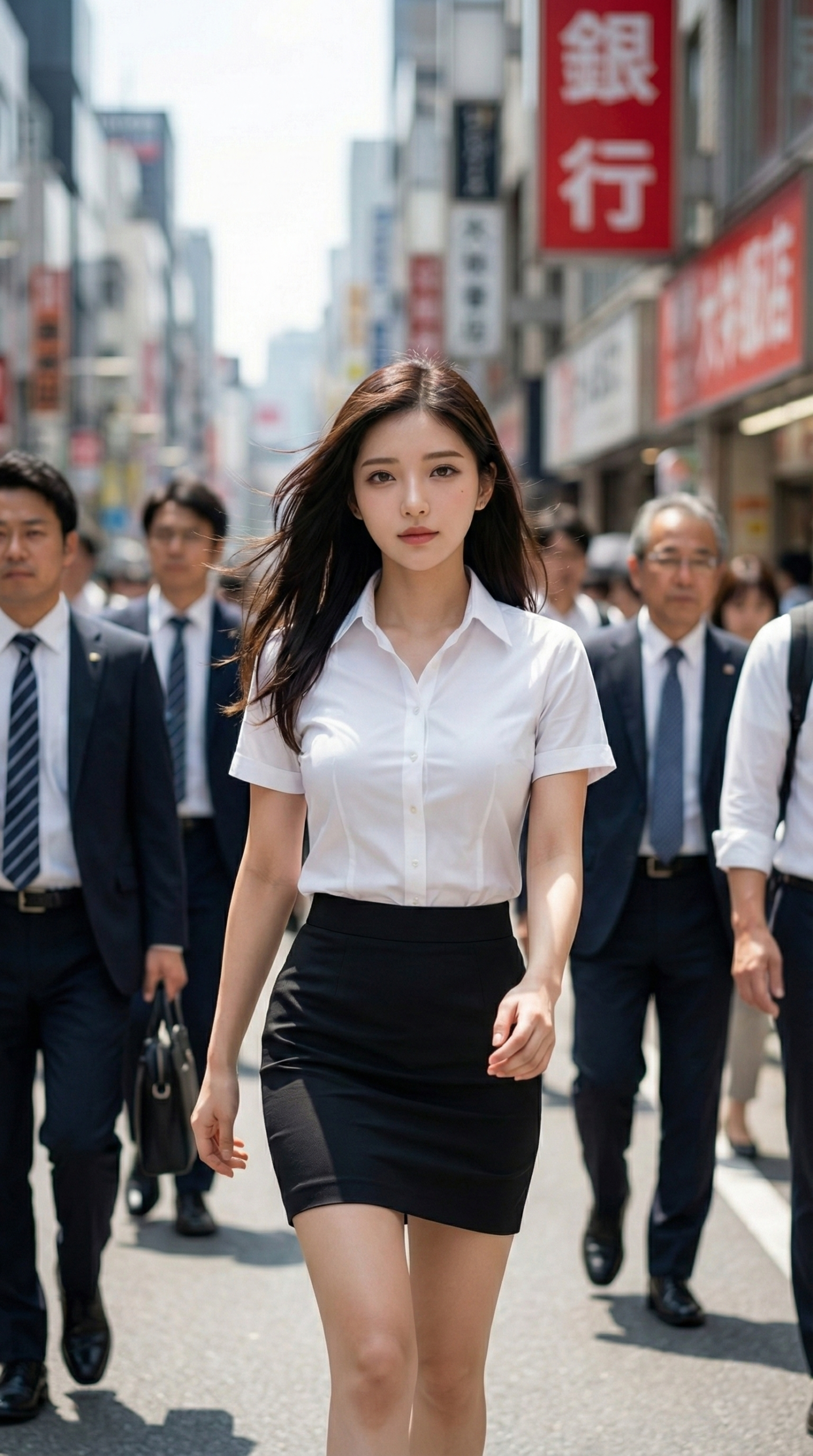 白いシャツと黒いスカートの女性が歩く。