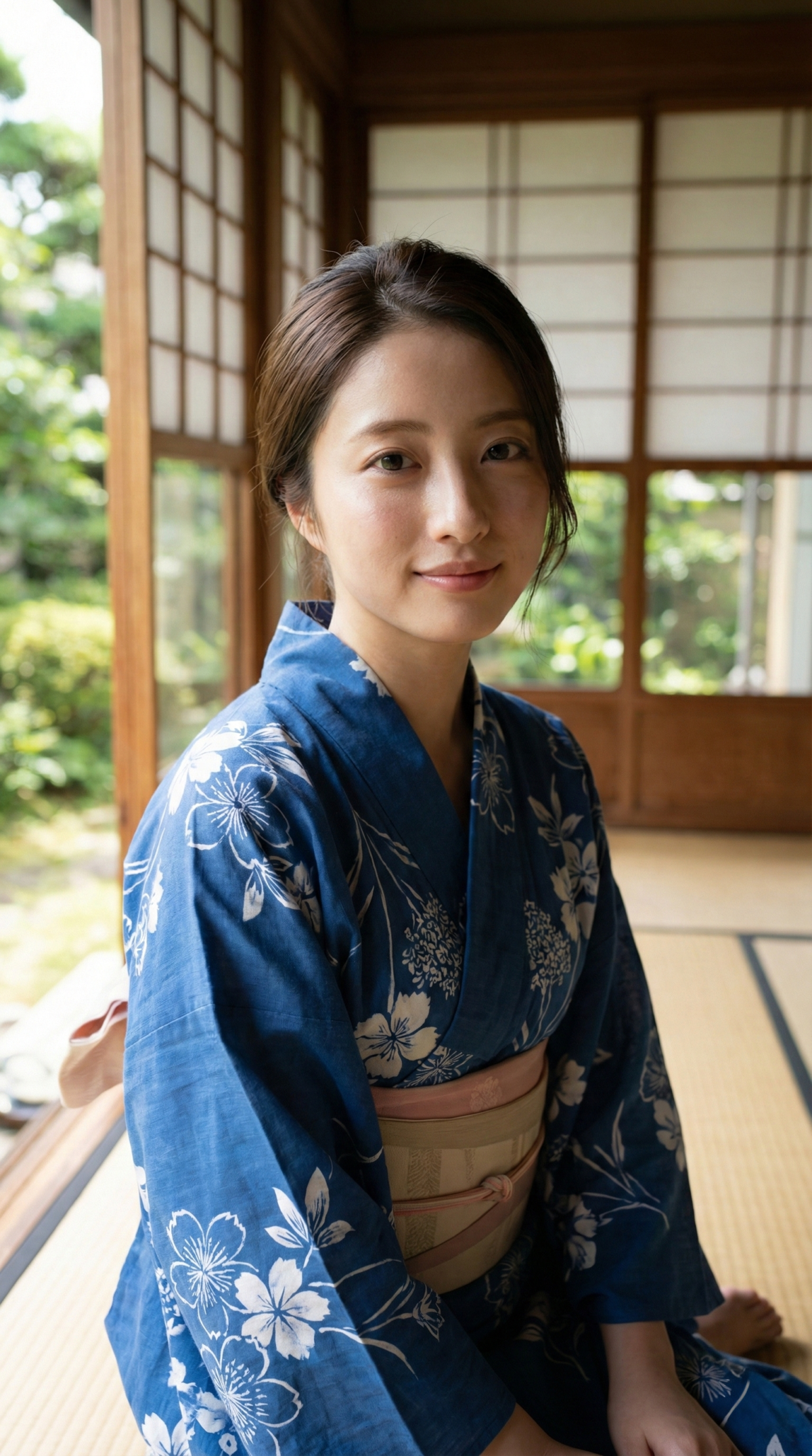 青い浴衣を着た女性、庭園を背景に