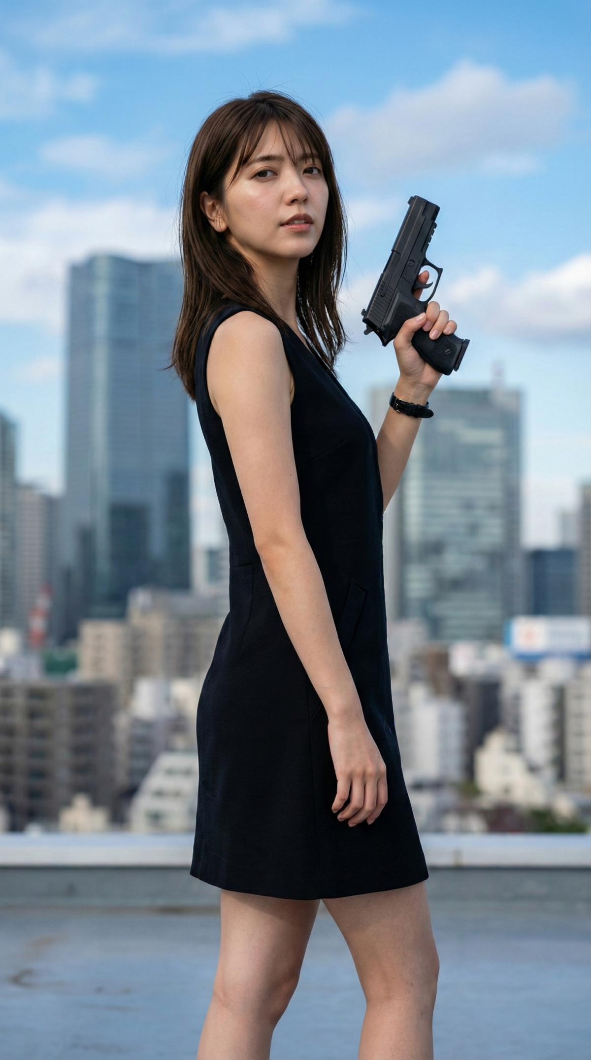 黒いノースリーブのワンピースを着た女性が銃を持っている