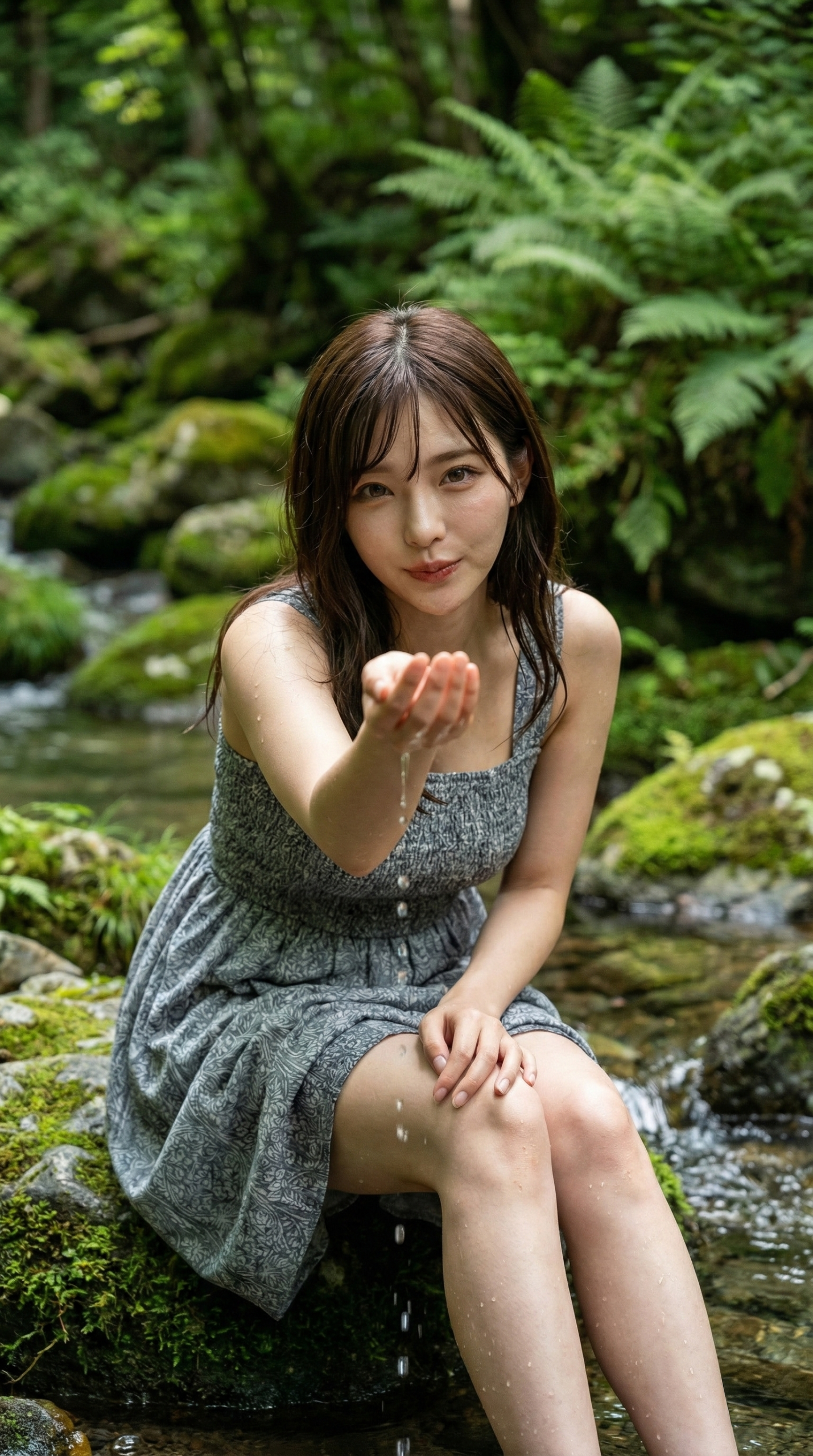 森の中の川辺で、女性が手を差し出し水滴を落としている。