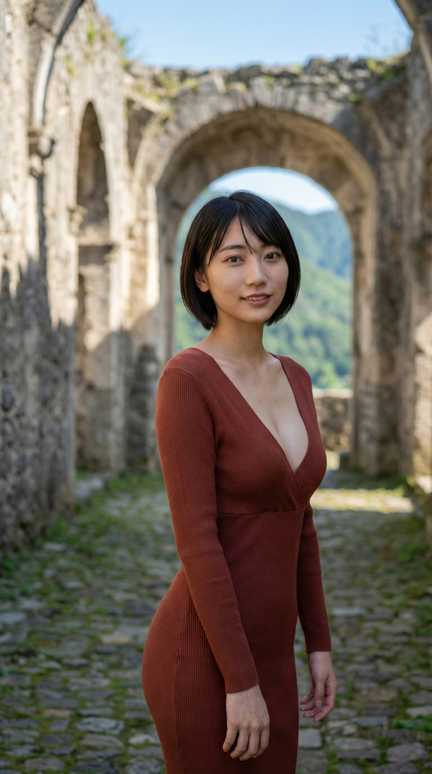 石造りのアーチを背景に、ワンピースを着た女性