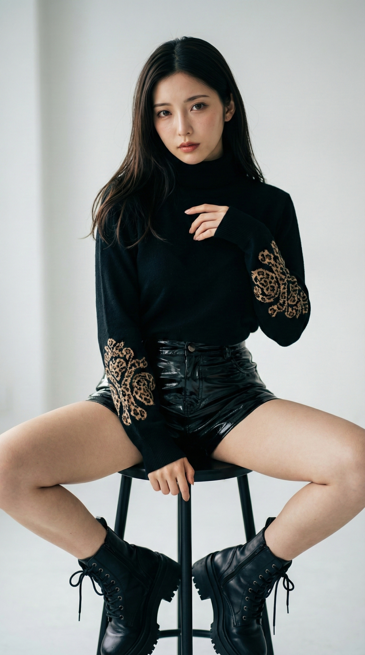黒いタートルネックとレザーショートパンツの女性