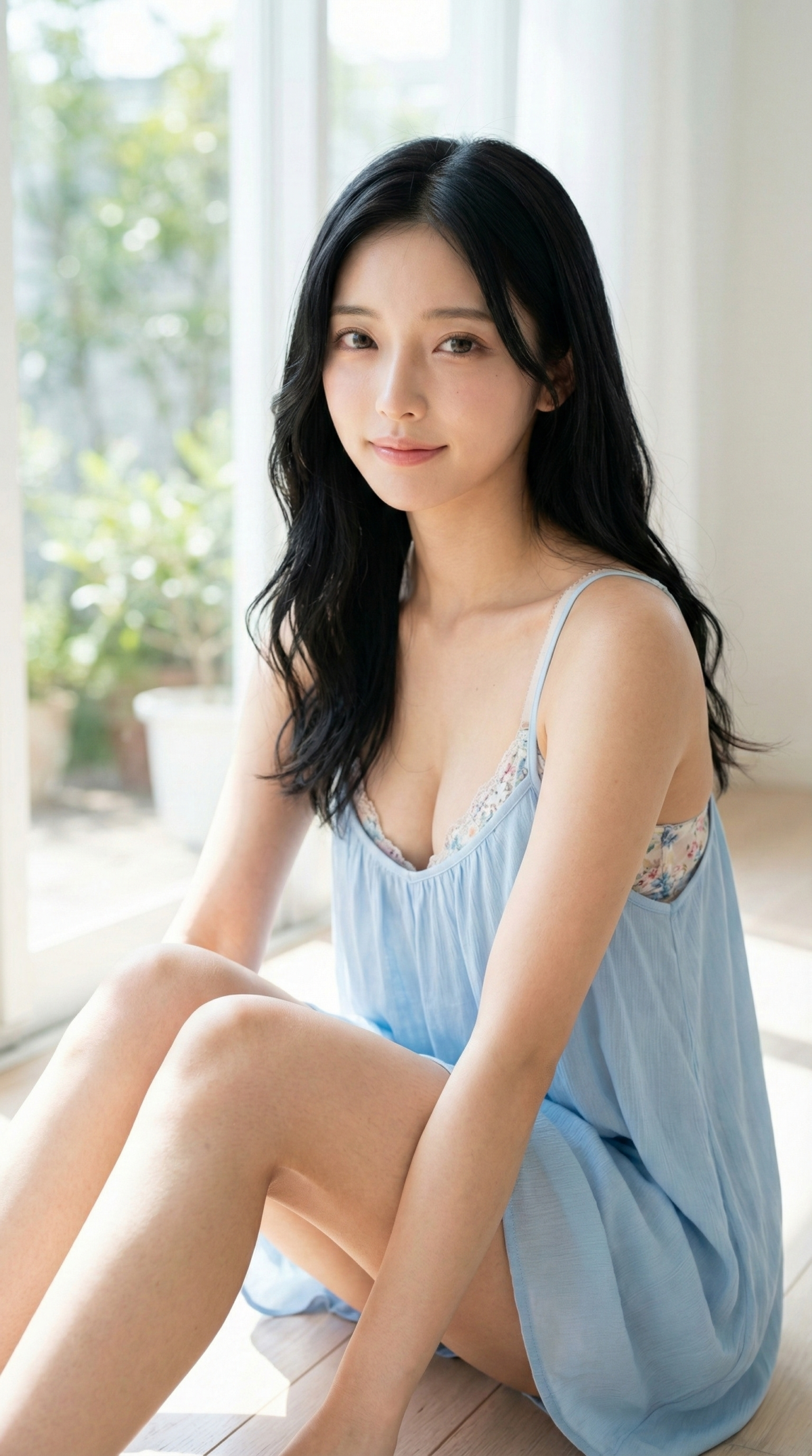 黒髪の女性が水色のワンピースを着て微笑んでいる