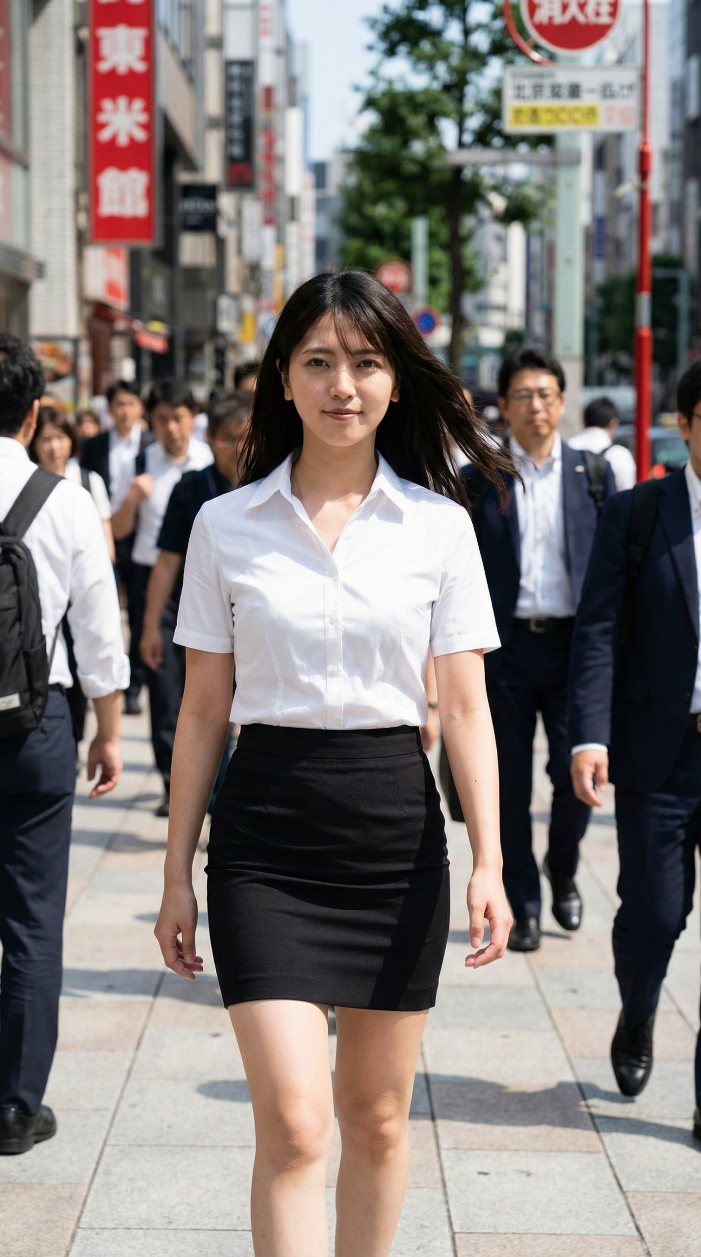 白いシャツと黒いスカートの女性が街を歩いている