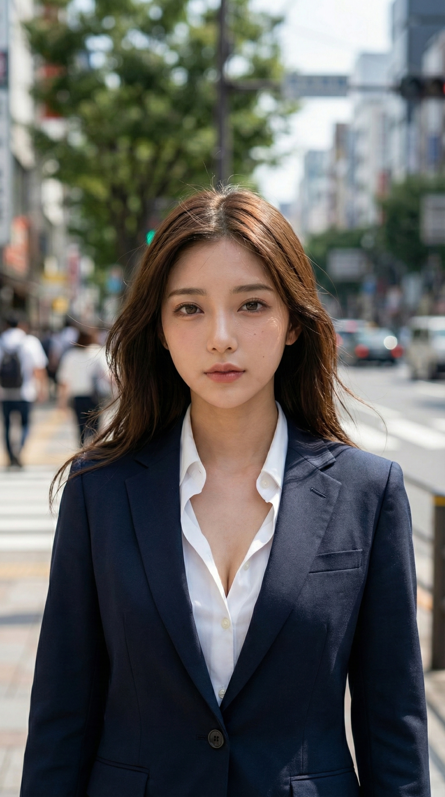 スーツ姿の女性が街を歩いている