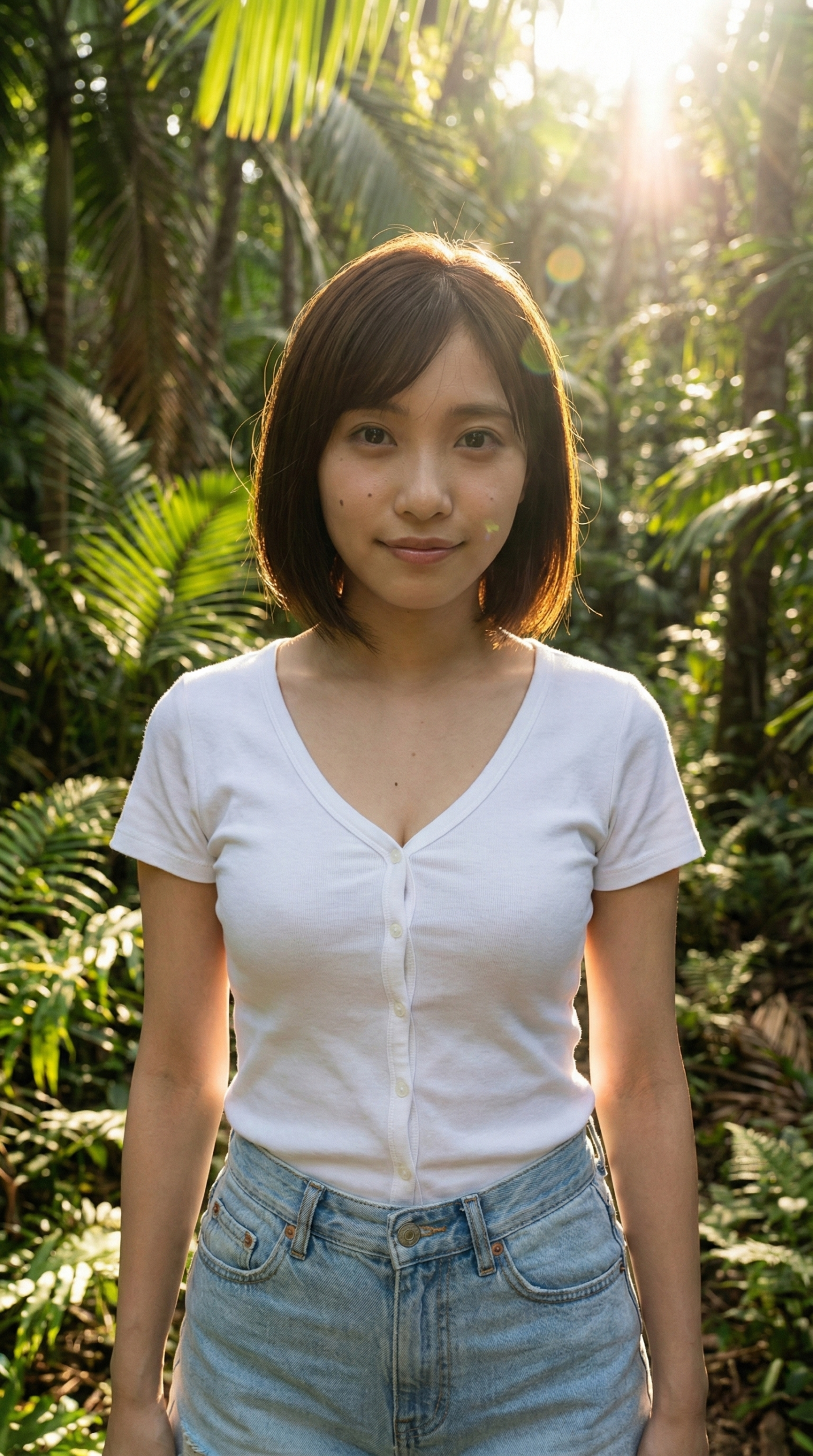 森林の中、太陽の光を浴びる女性