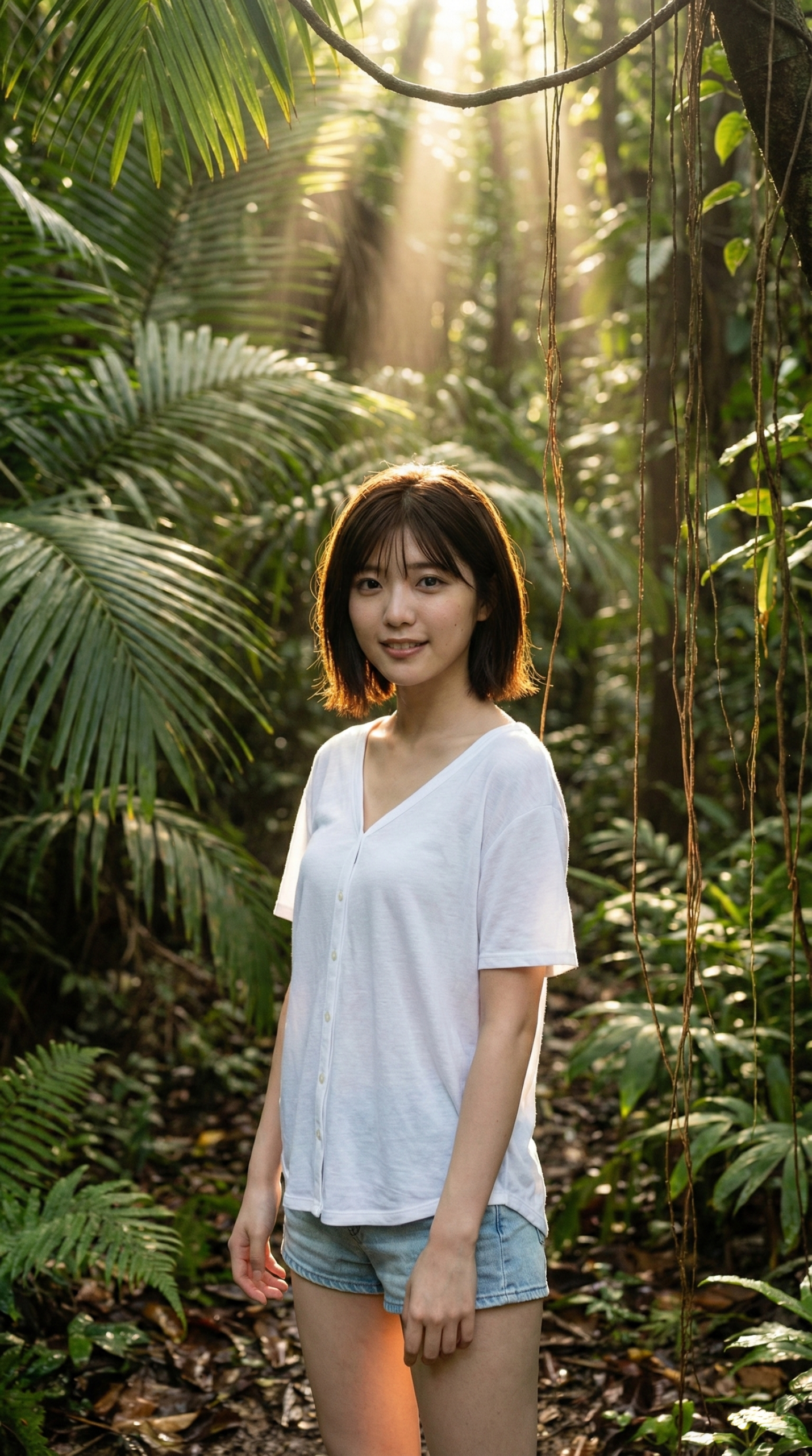 木漏れ日の中、緑豊かな森で微笑む女性