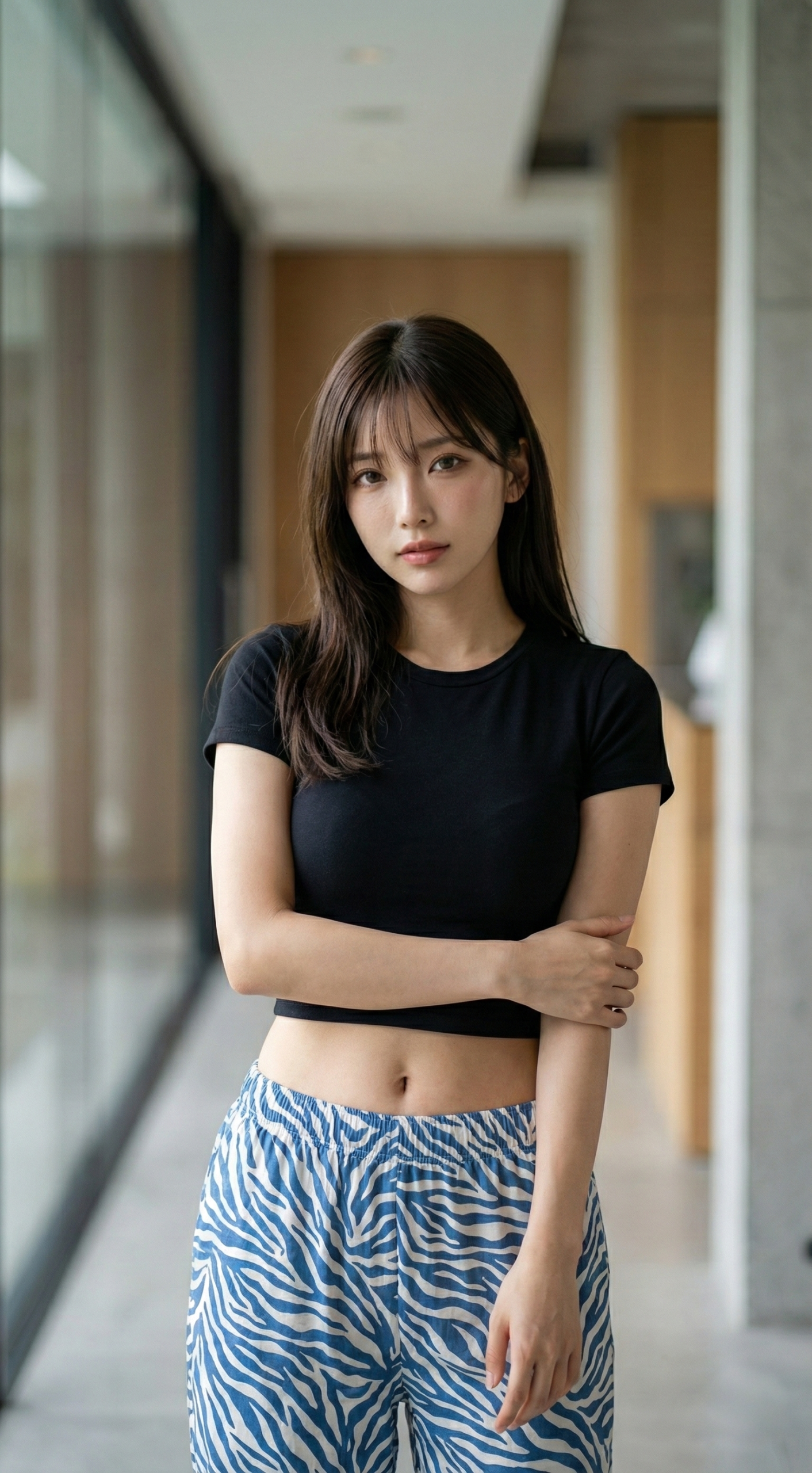 黒いクロップドTシャツにゼブラ柄パンツを履いた女性