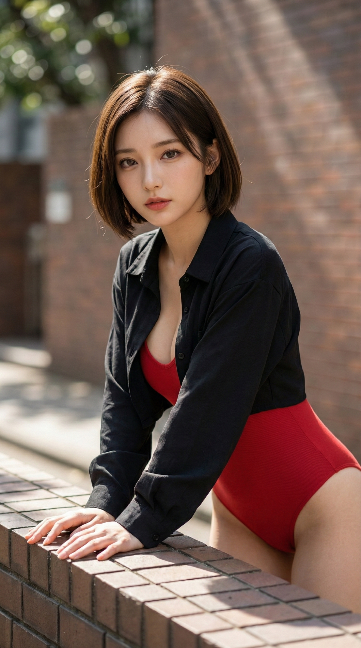 黒シャツと赤水着の女性