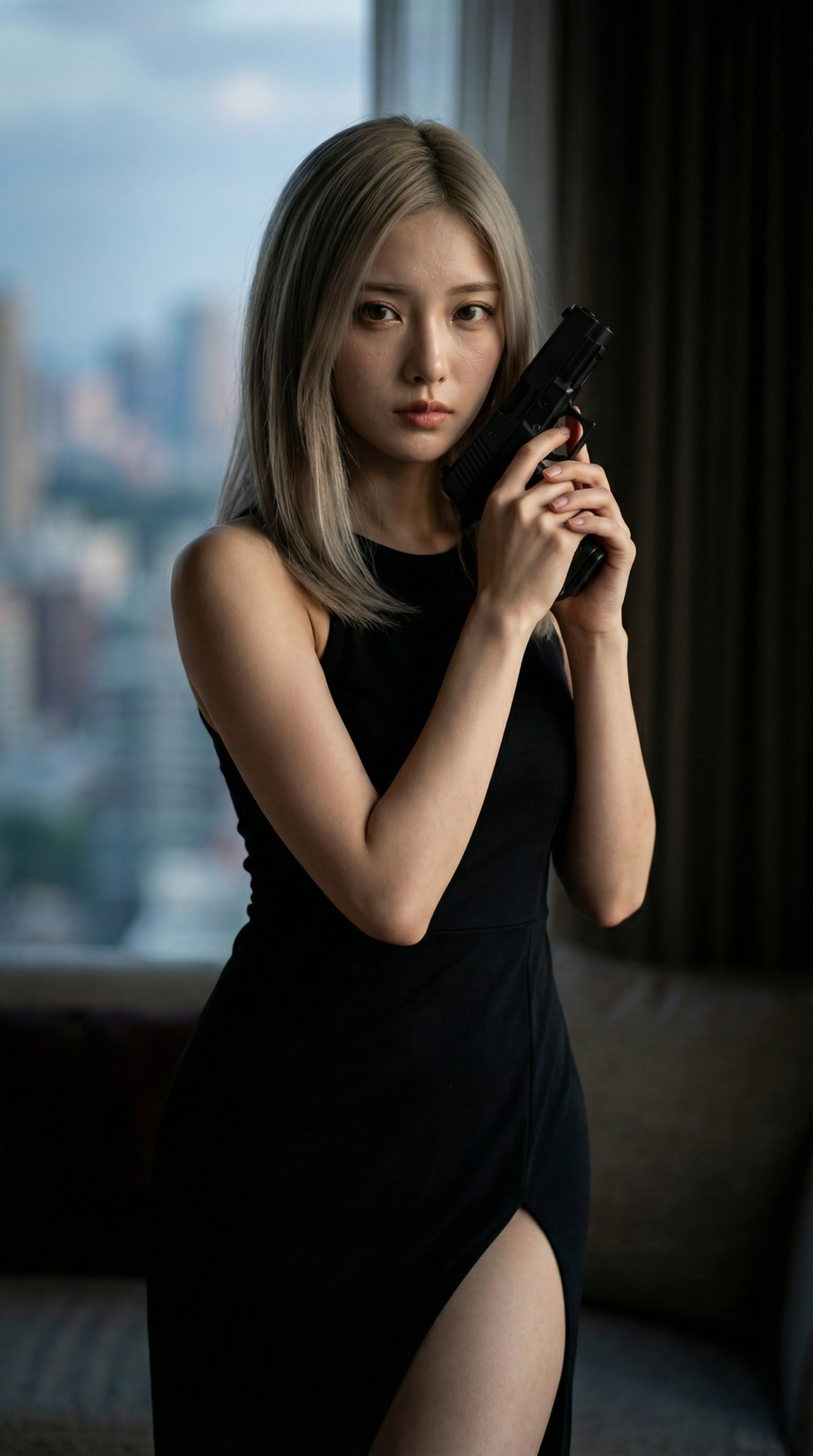 黒いドレスを着た女性が銃を構えている