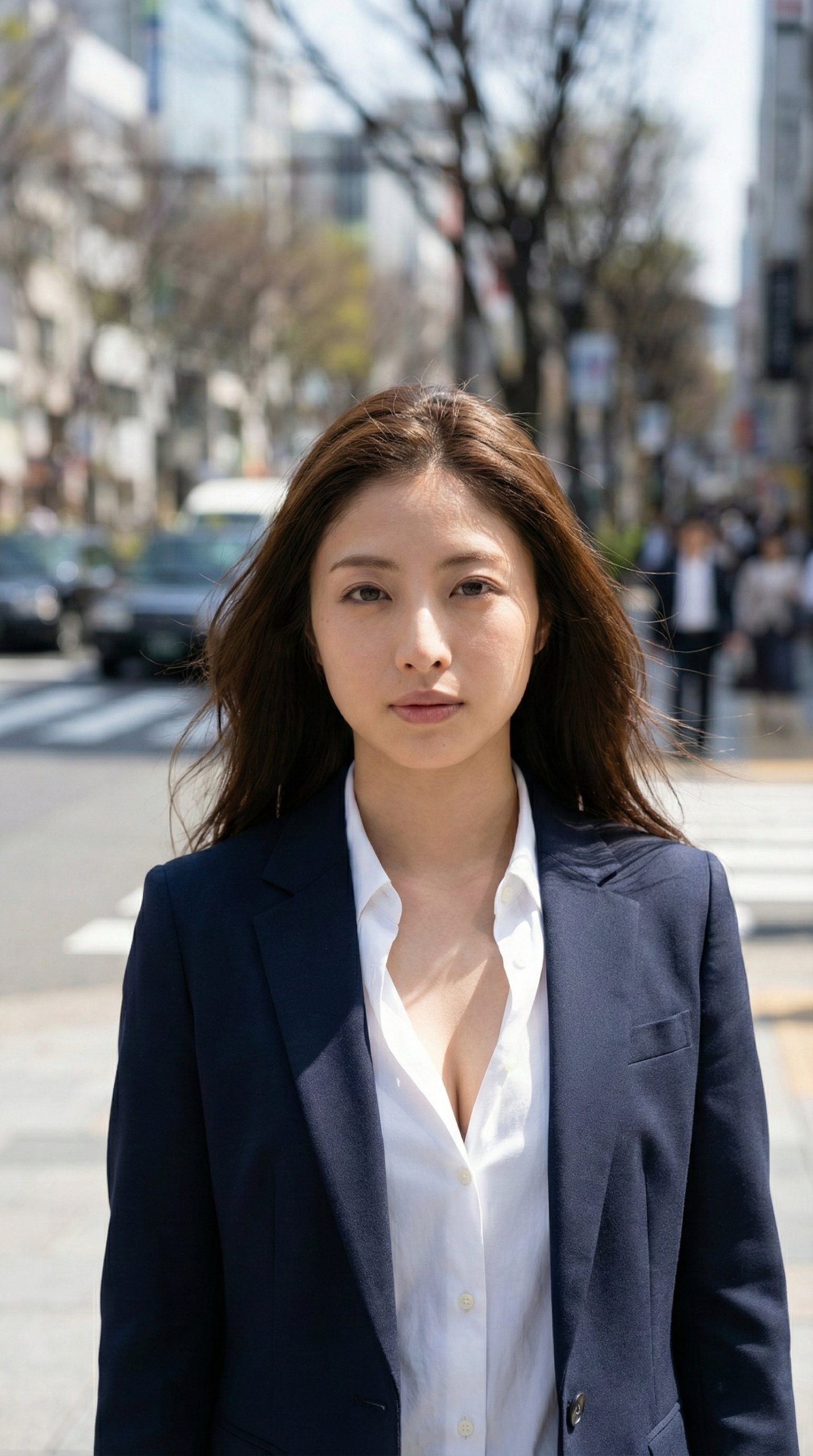 紺色のジャケットを着た女性