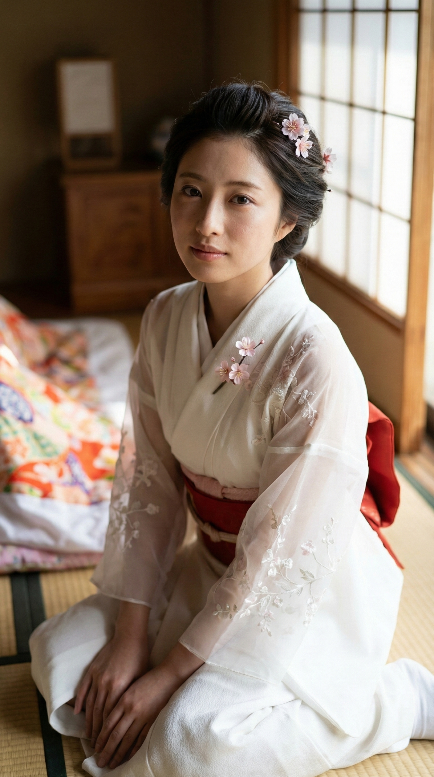 白い振袖姿の女性が畳に座っている