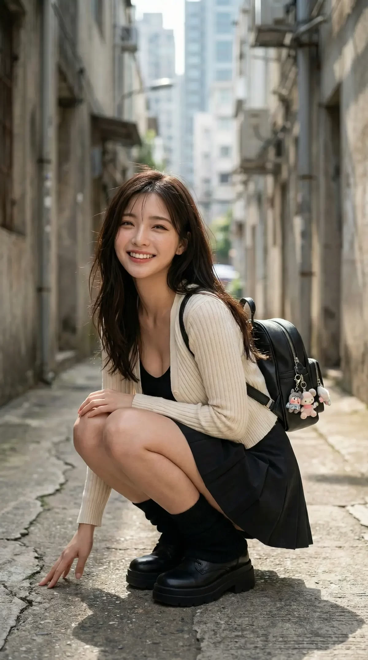 路地で笑顔でしゃがむ女性。ベージュのカーディガンと黒いスカート。