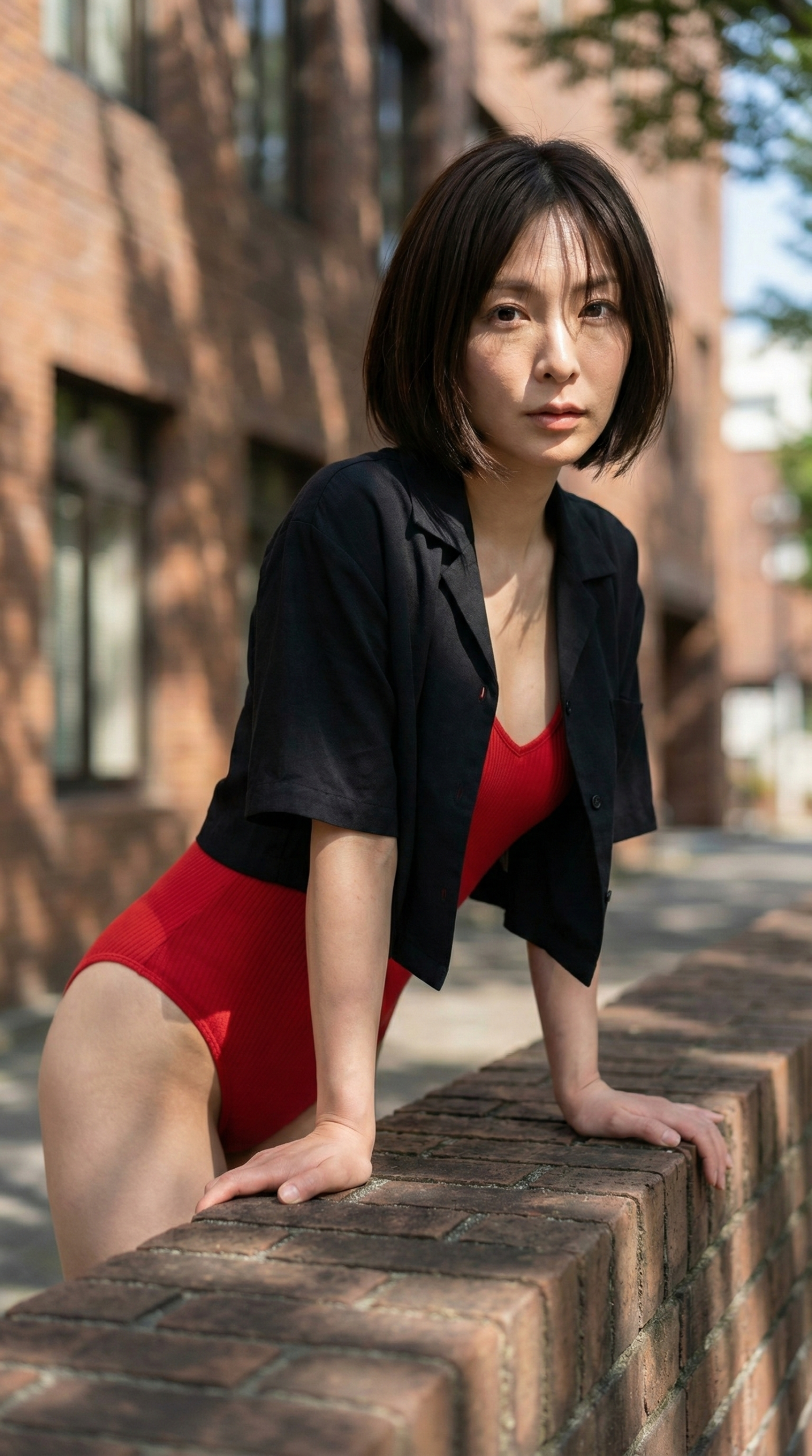 赤のレオタードに黒のジャケットを着た女性