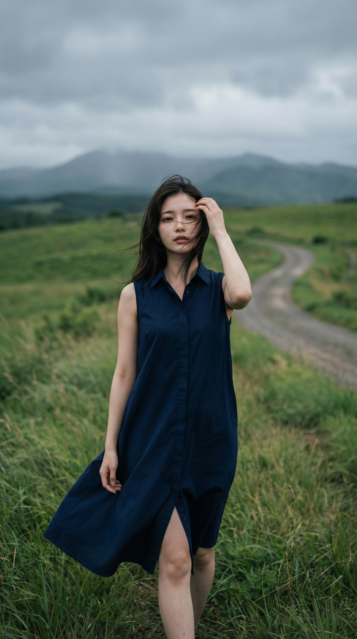 風になびく髪、青いワンピースの女性