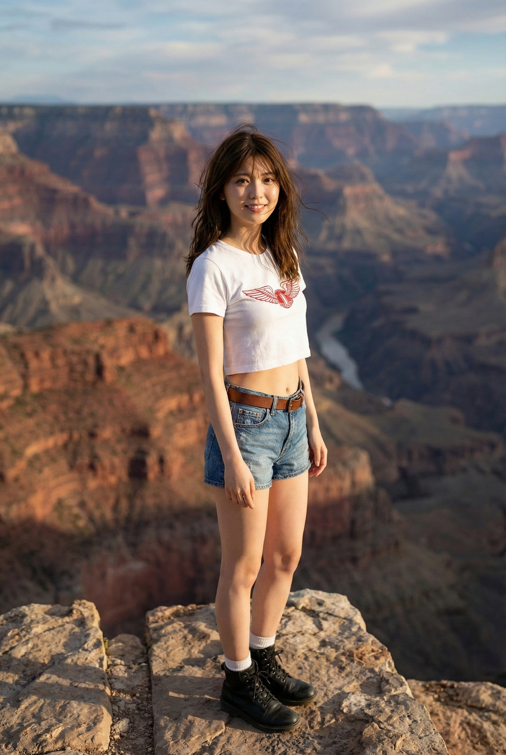 大峡谷で白いTシャツとデニムショートパンツの女性