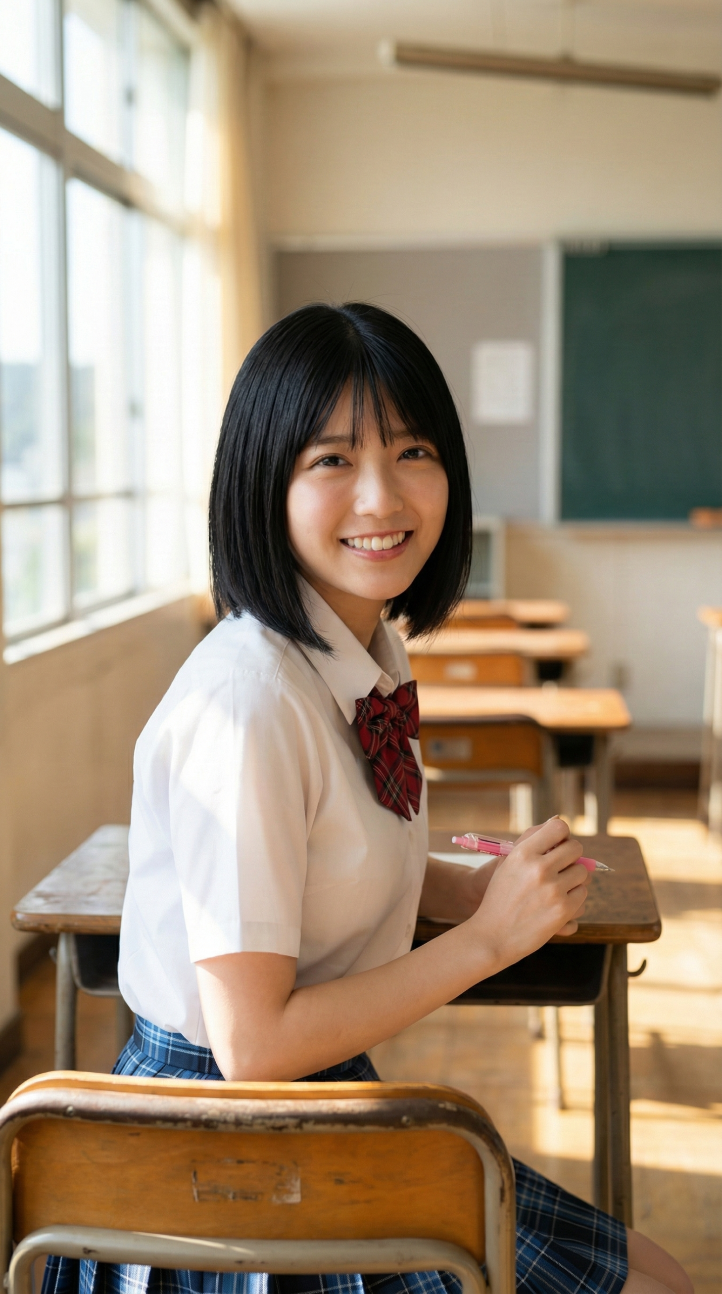 制服姿の女子生徒が教室の机で笑顔