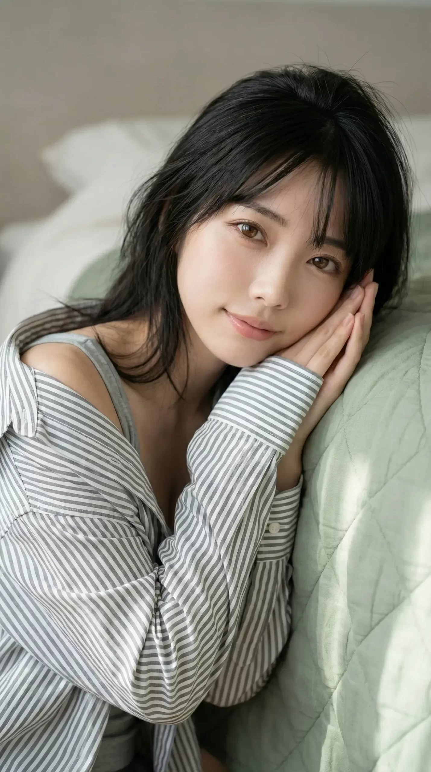 ストライプのシャツを羽織り、両手を頬に添えて微笑む黒髪の女性。