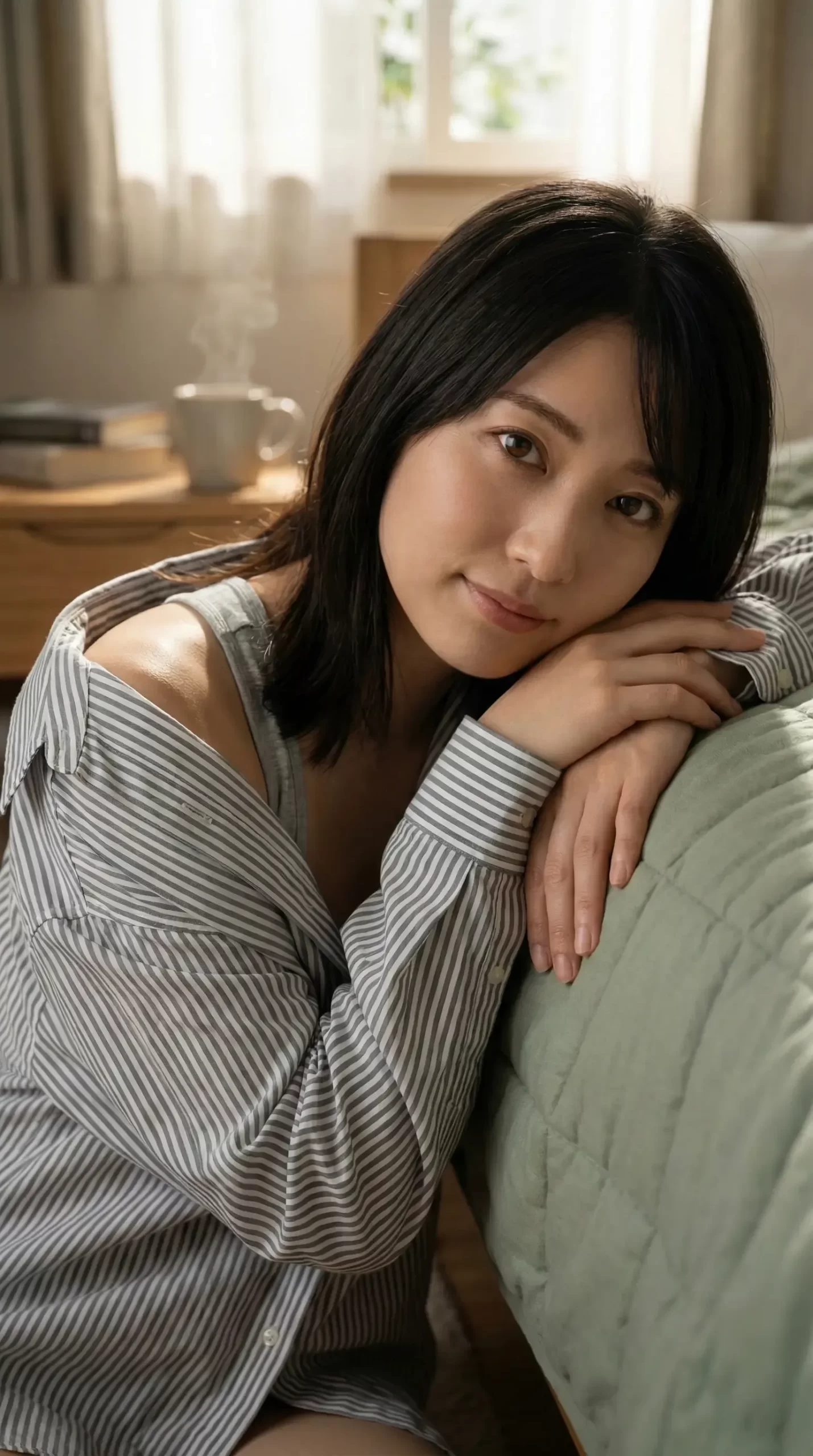 寝室でベッドに寄りかかり、微笑みながらこちらを見つめる黒髪の女性