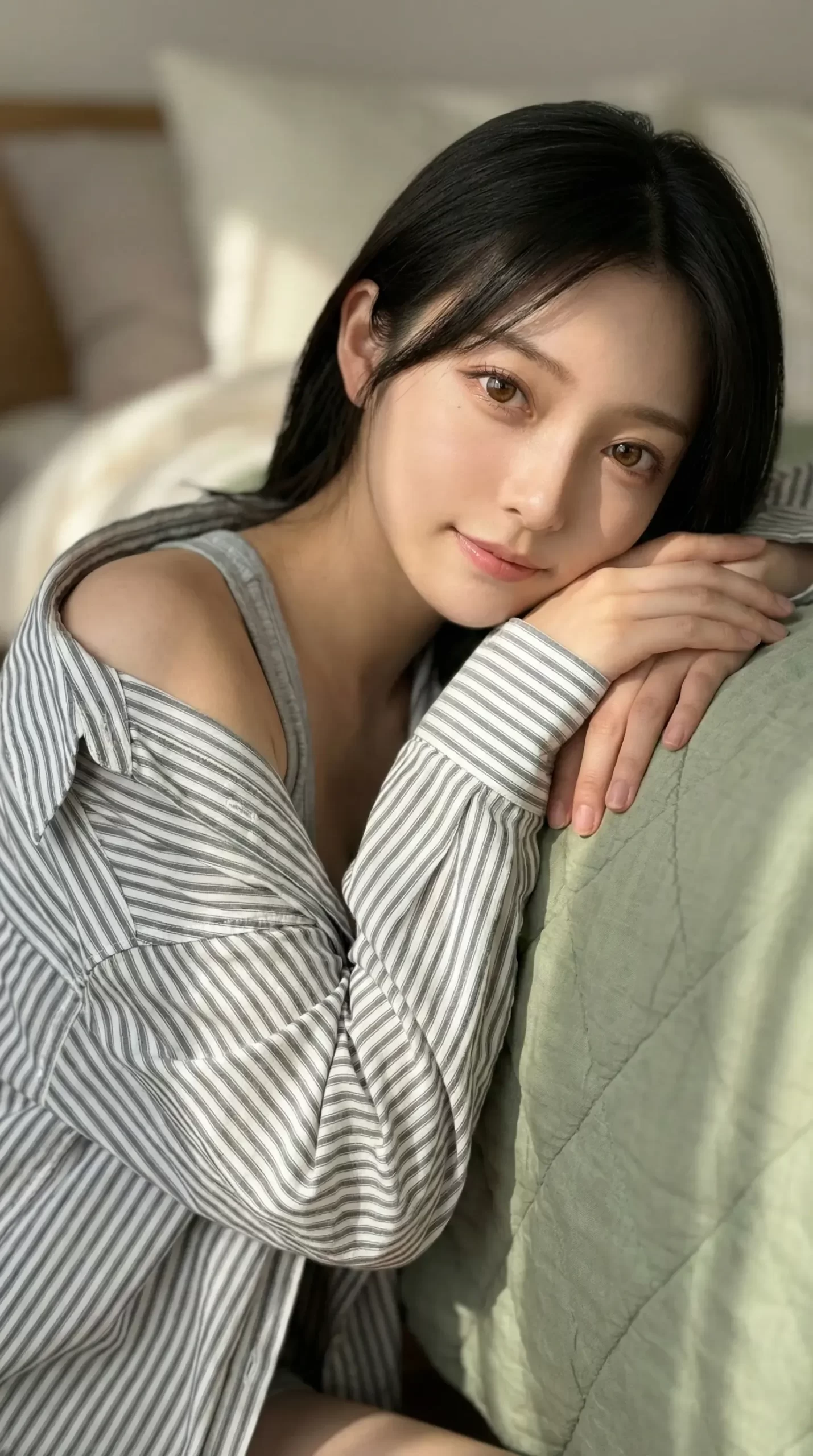 ストライプのシャツを羽織り、腕に顔を乗せて穏やかに微笑む黒髪の女性