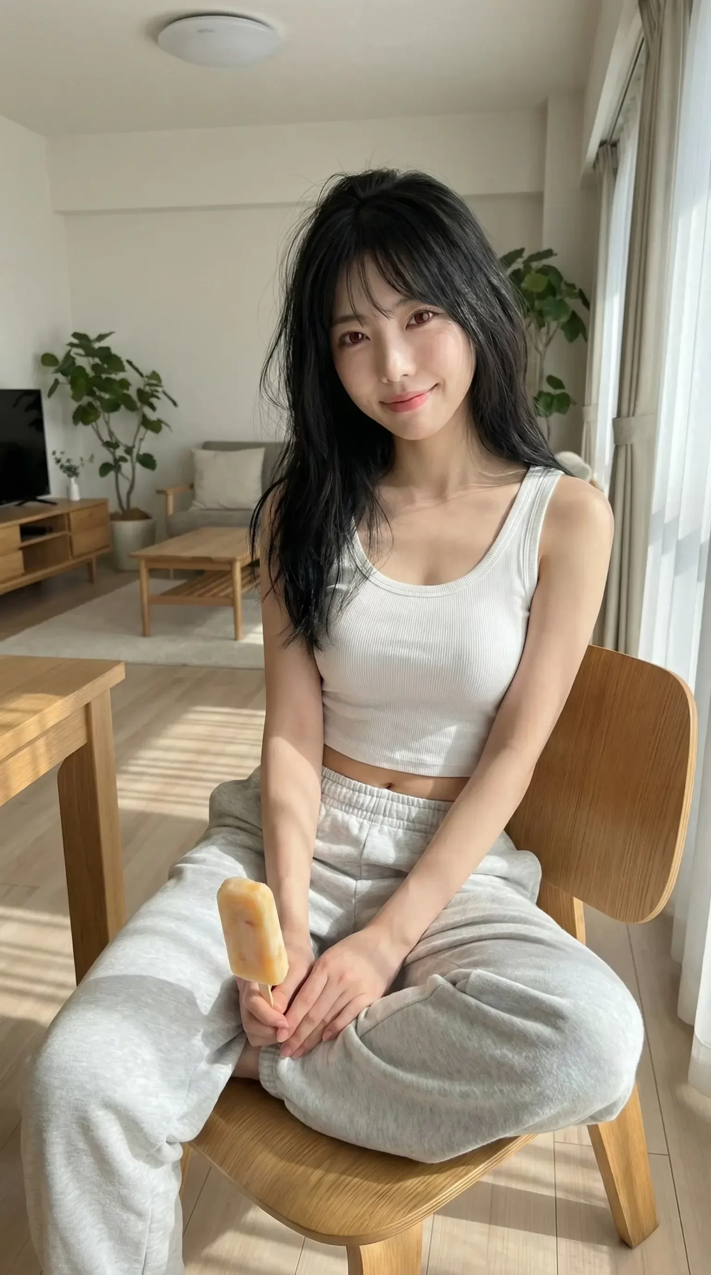 明るい室内で椅子に座り、アイスを持って微笑むタンクトップ姿の黒髪の女性