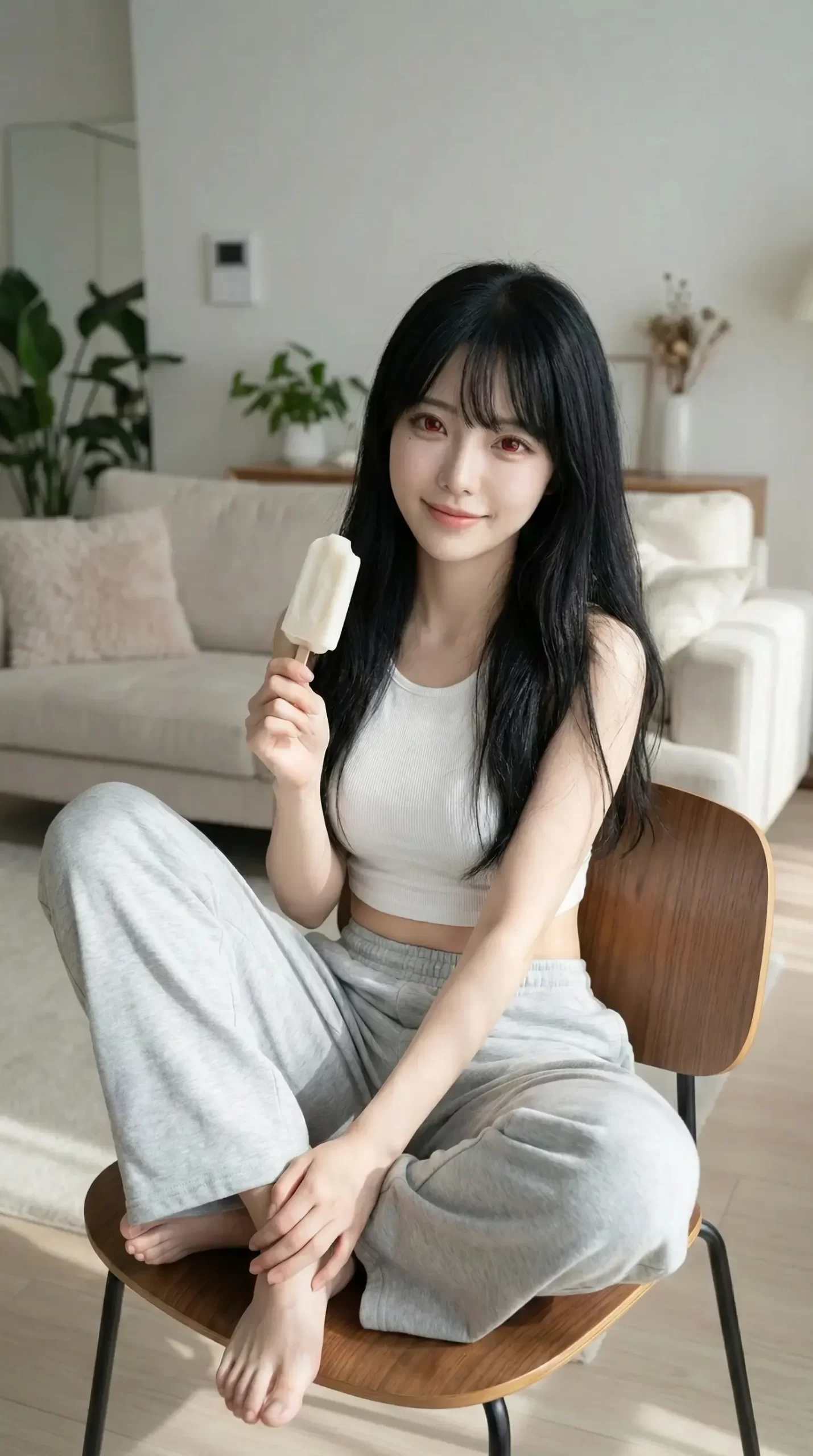 白いタンクトップ姿でアイスを持ち、椅子に座って微笑む黒髪の女性